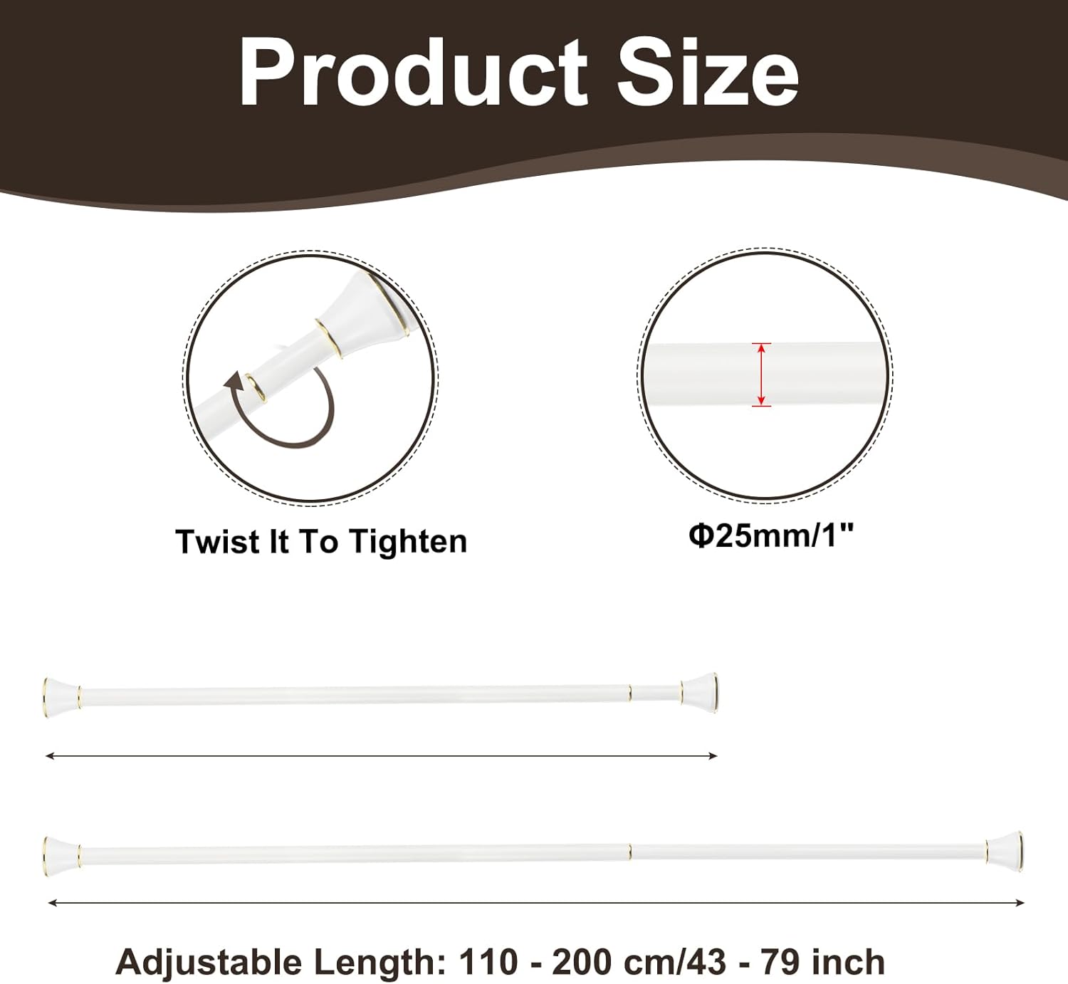 Spring Tension Curtain Rod Adjustable 43-79 Inch Stainless Steel White Gold
