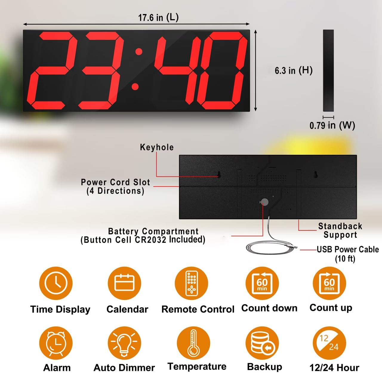 LED Large Digital Wall Clock 6 Inch Remote Timer Calendar Red Display CHKOSDA