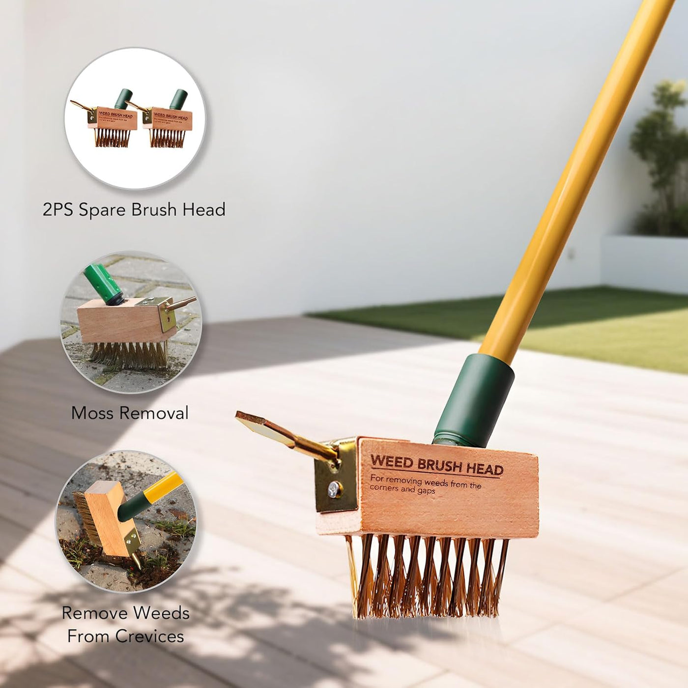 Garden tool with weed brush head and spare brush heads on a light background