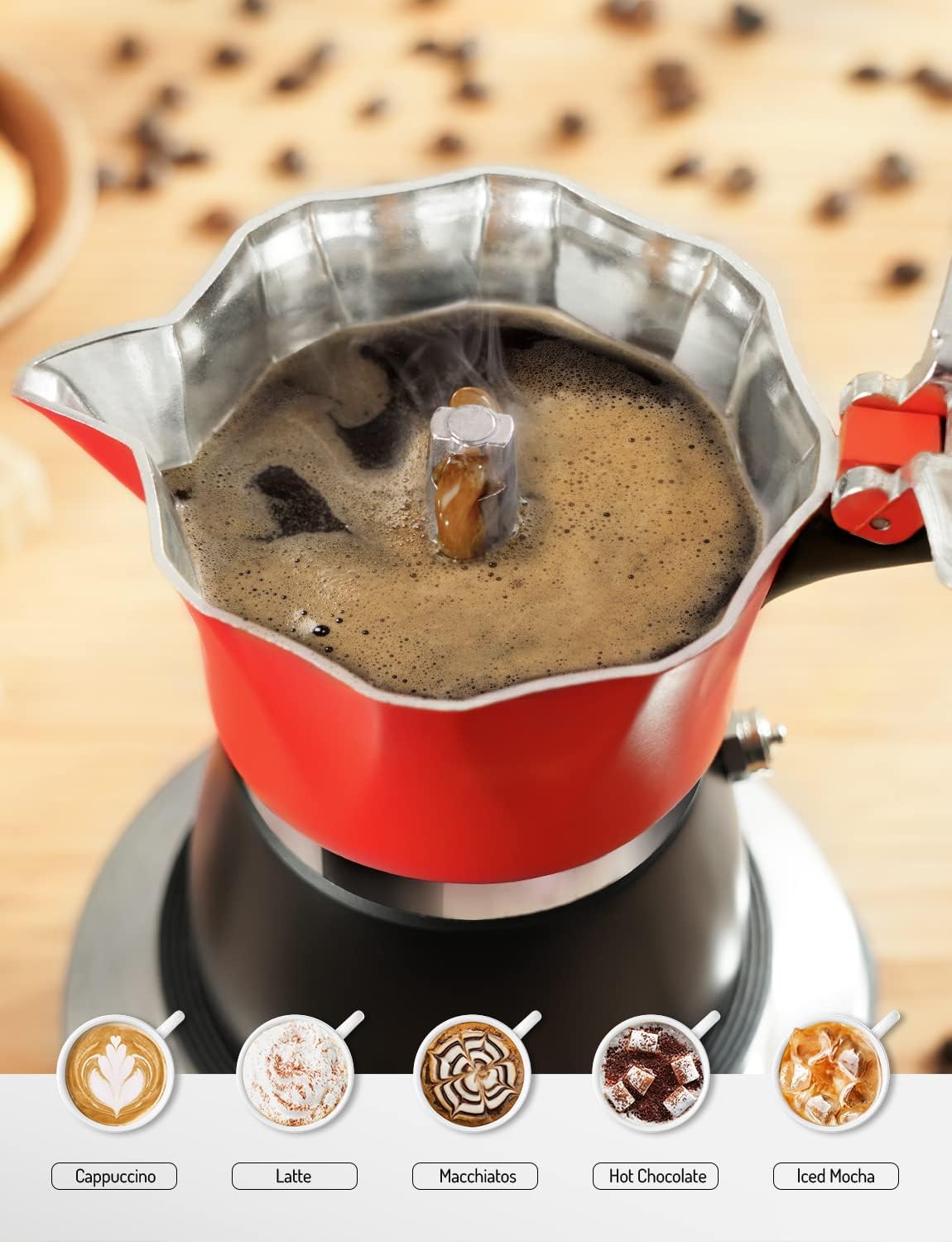 Stovetop Coffee Maker Italian Espresso Moka Pot Transparent Lid Red TWOMEOW