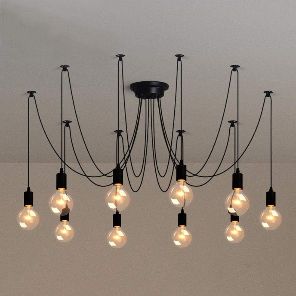 Modern chandelier with multiple hanging light bulbs on a plain background