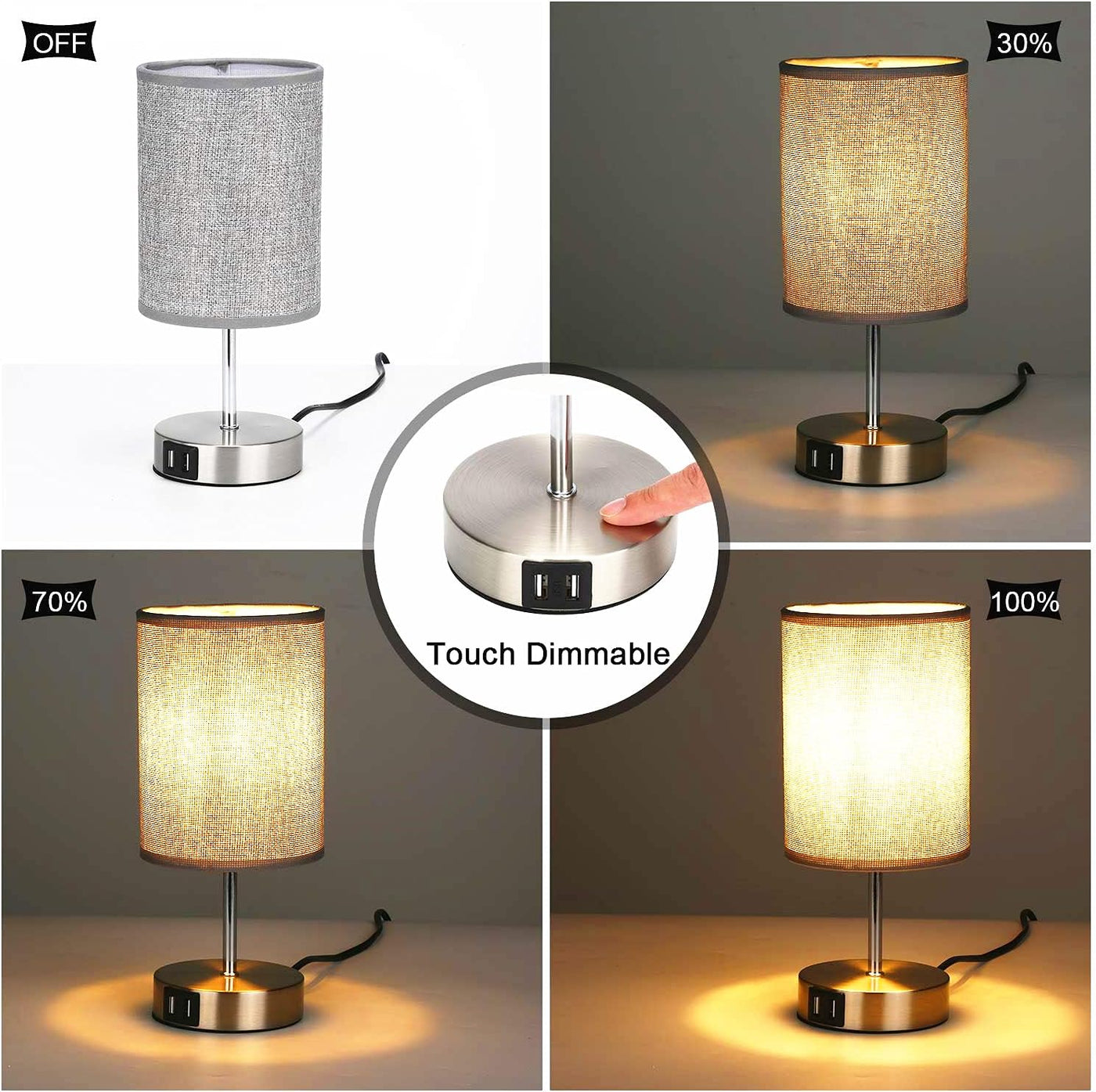 Table lamp with touch dimmable feature shown at different brightness levels.