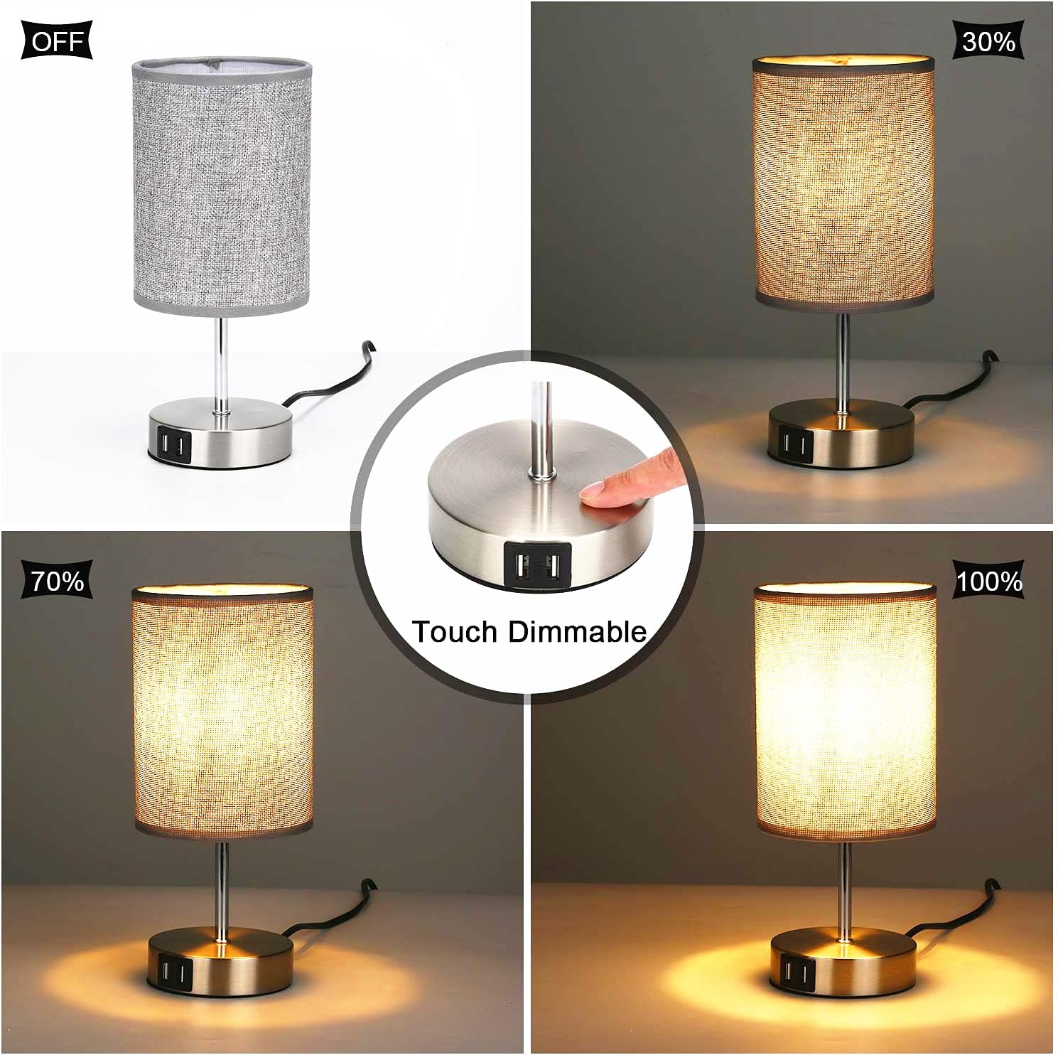 Table lamp with touch dimmable feature shown at different brightness levels.