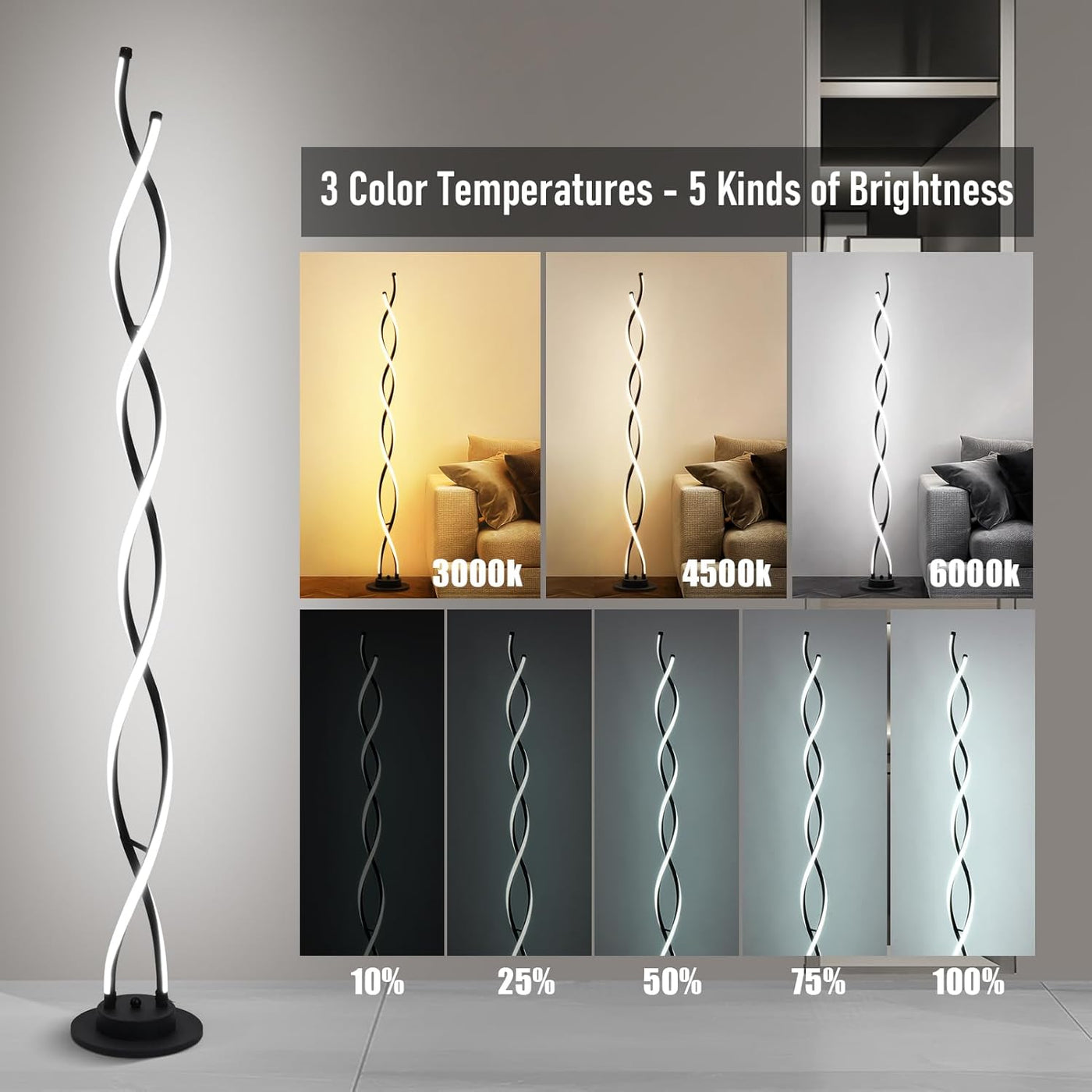 Floor lamp with color temperature and brightness options displayed on a gray background.