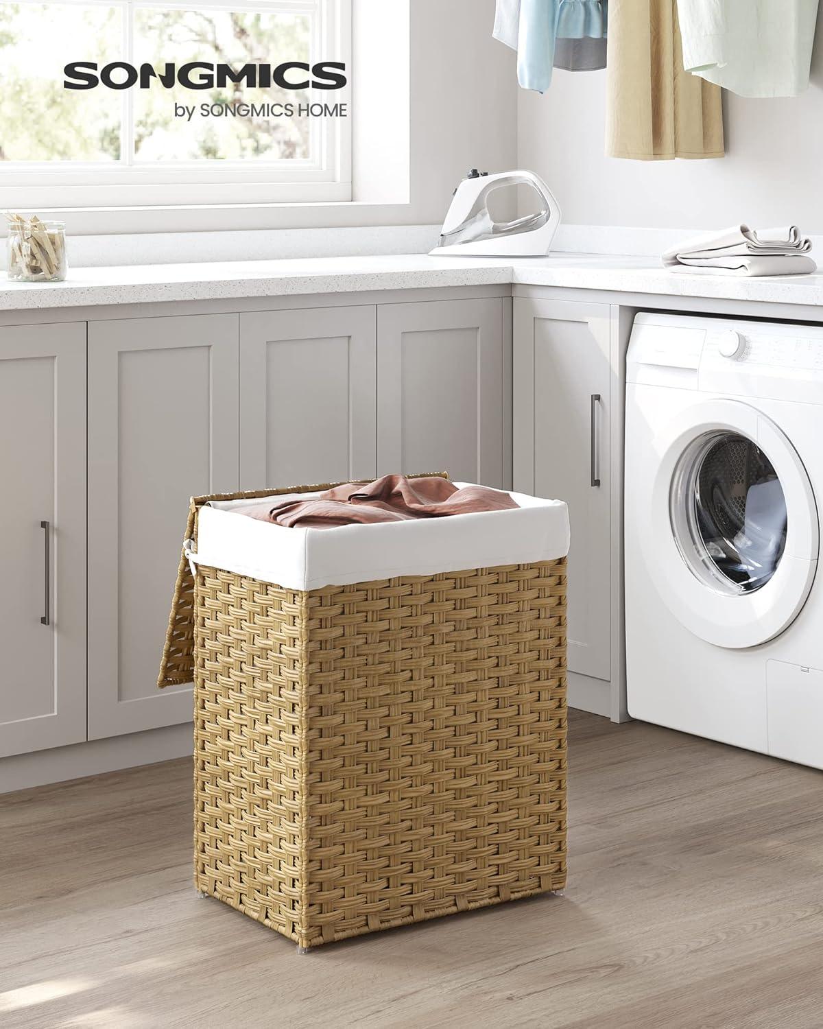 SONGMICS Laundry Basket with Lid and Handles Wicker 90L Foldable - Massive Discounts