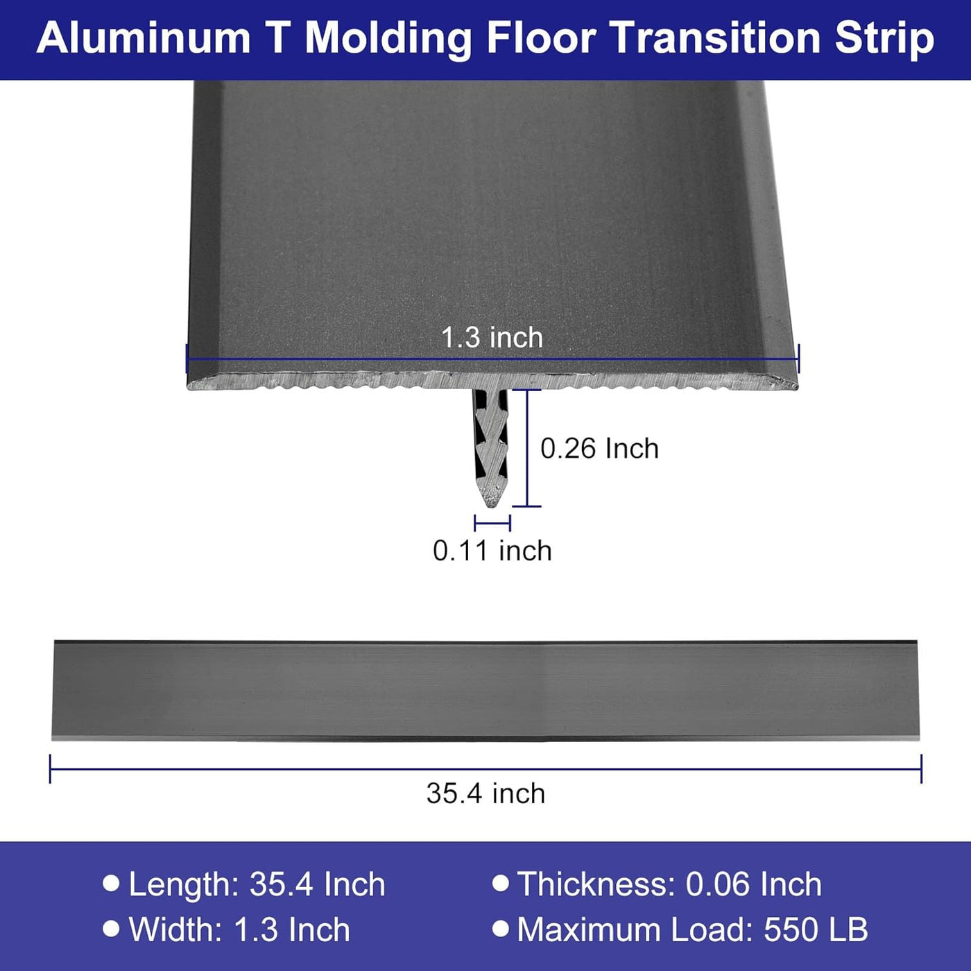 2PCS Aluminum T Molding, 35.4'' Transition Strip, Black for Wood/Vinyl/Laminate Floors