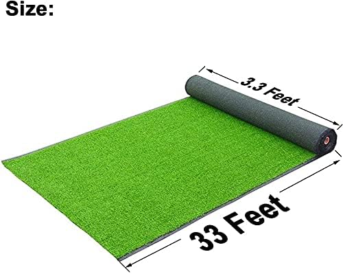 Green artificial grass mat rolled out with dimensions indicated on a white background