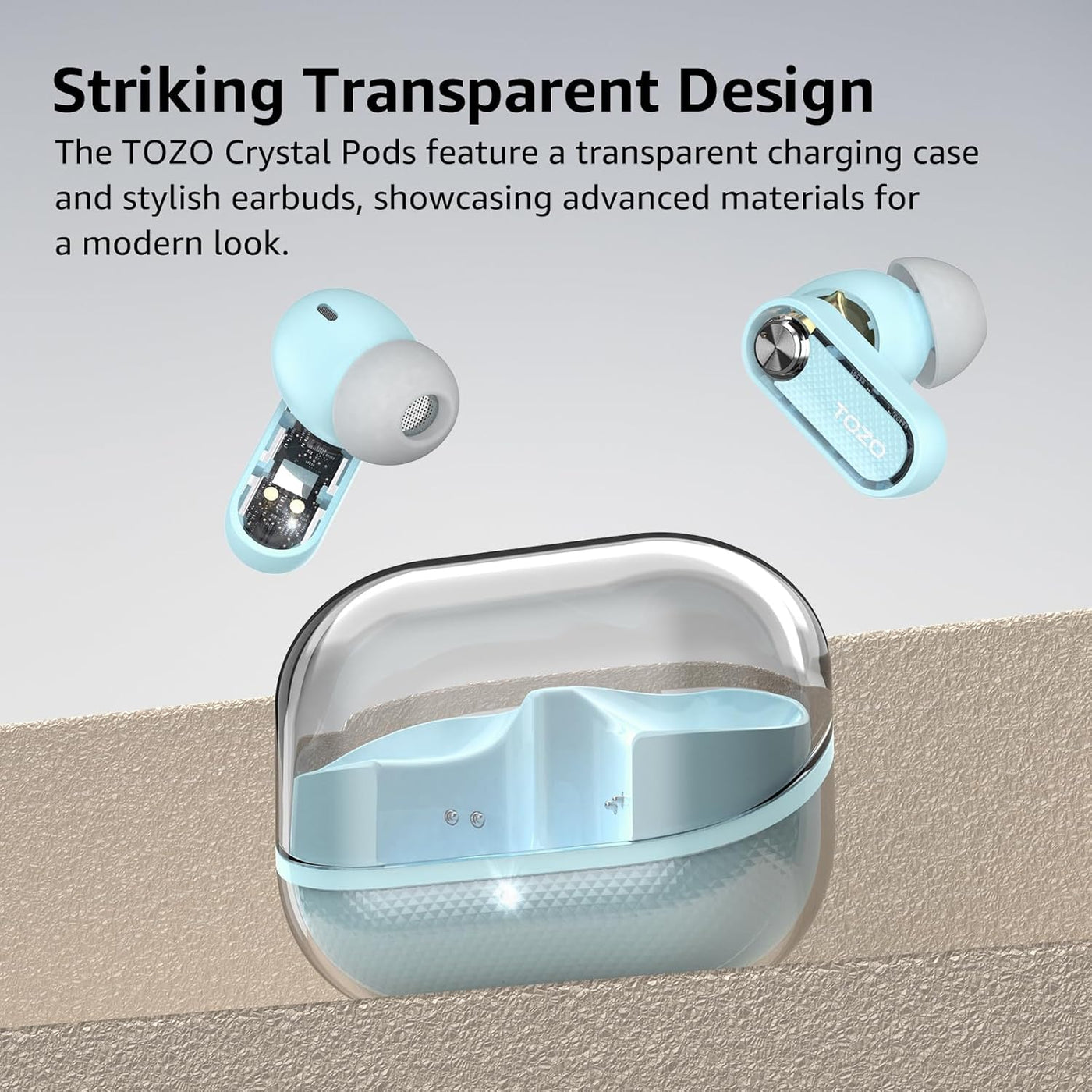 TOZO Crystal Pods with transparent charging case on a light gray background