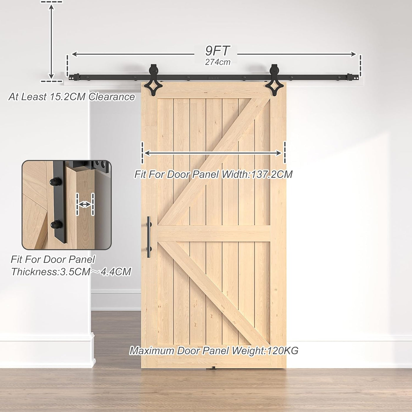 Wooden sliding barn door with hardware and measurements on a white background