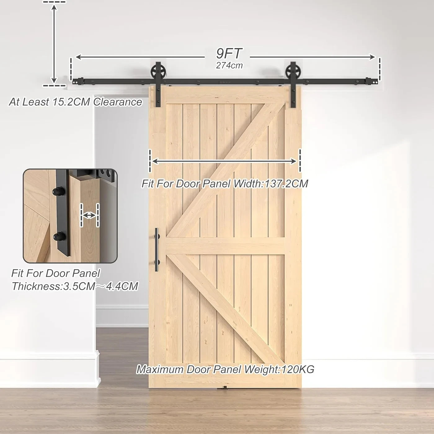 Wooden sliding barn door with hardware and measurements on a white background