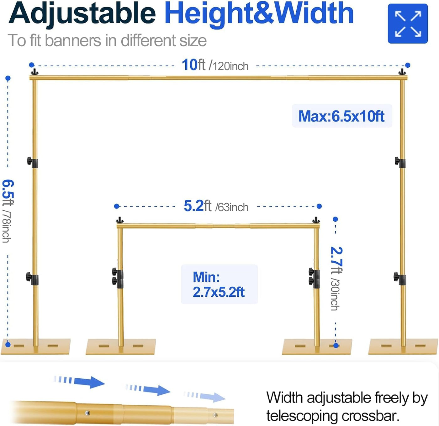 EMART Heavy Duty Backdrop Stand, 6.5x10ft, Adjustable, Steel Base, Gold