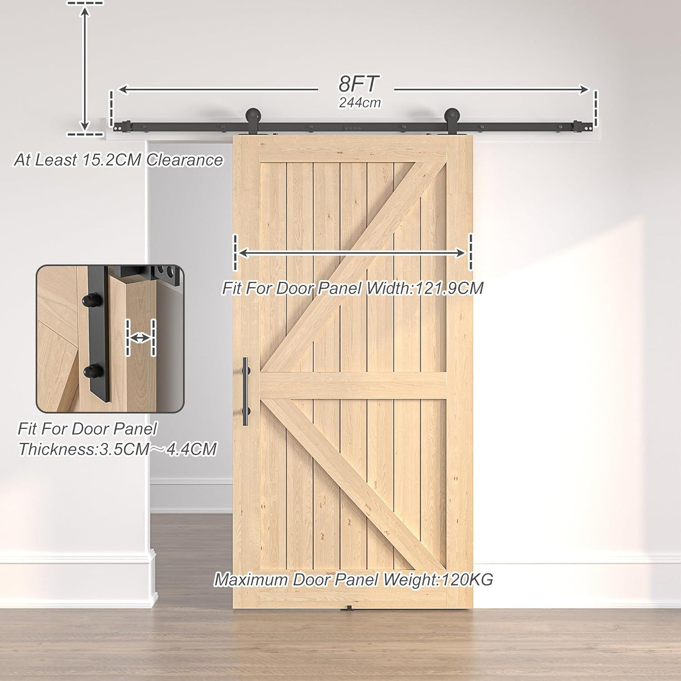 Wooden sliding barn door with hardware and measurements on a neutral background