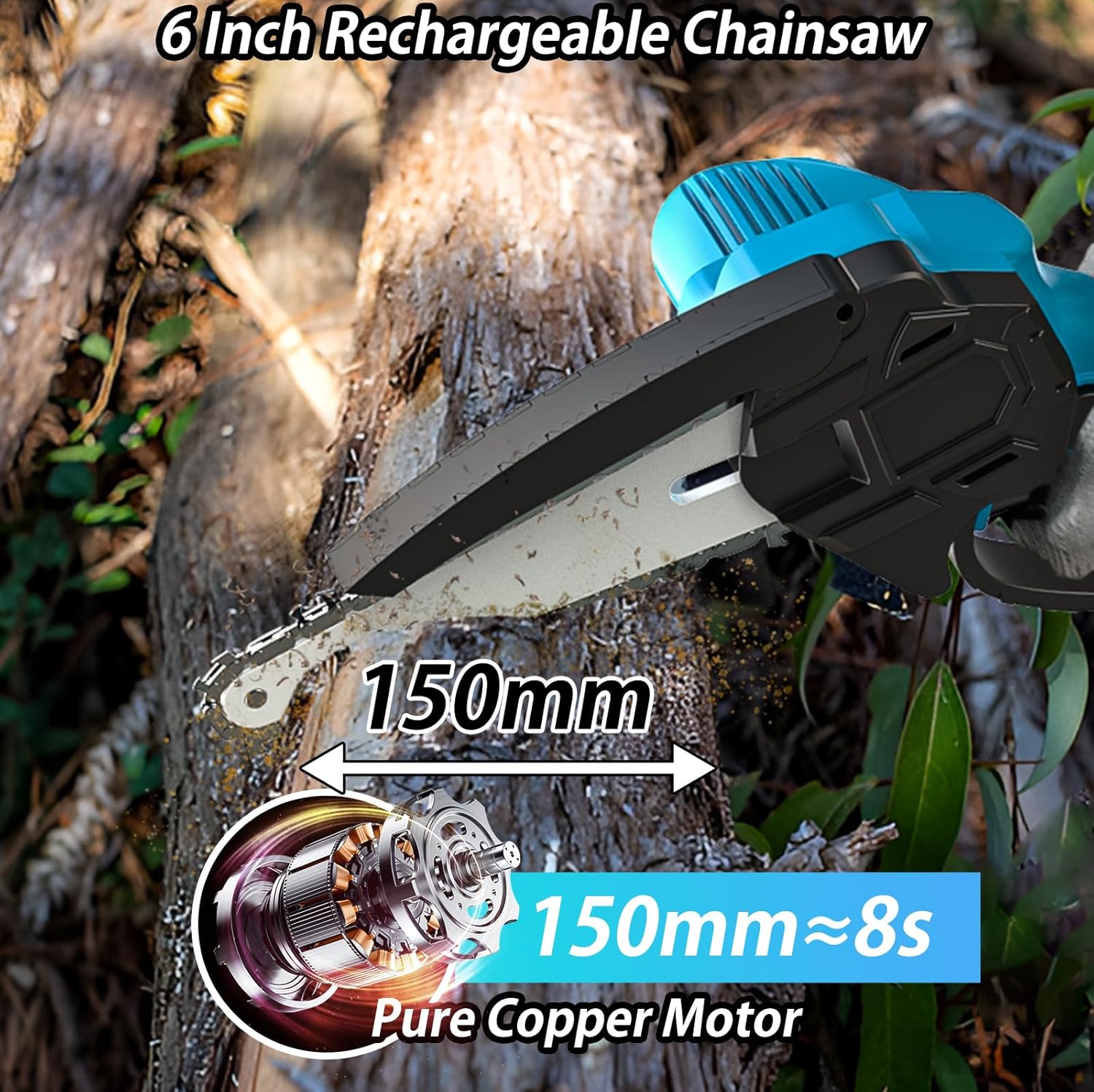 6 Inch Rechargeable Chainsaw cutting through wood with specifications highlighted