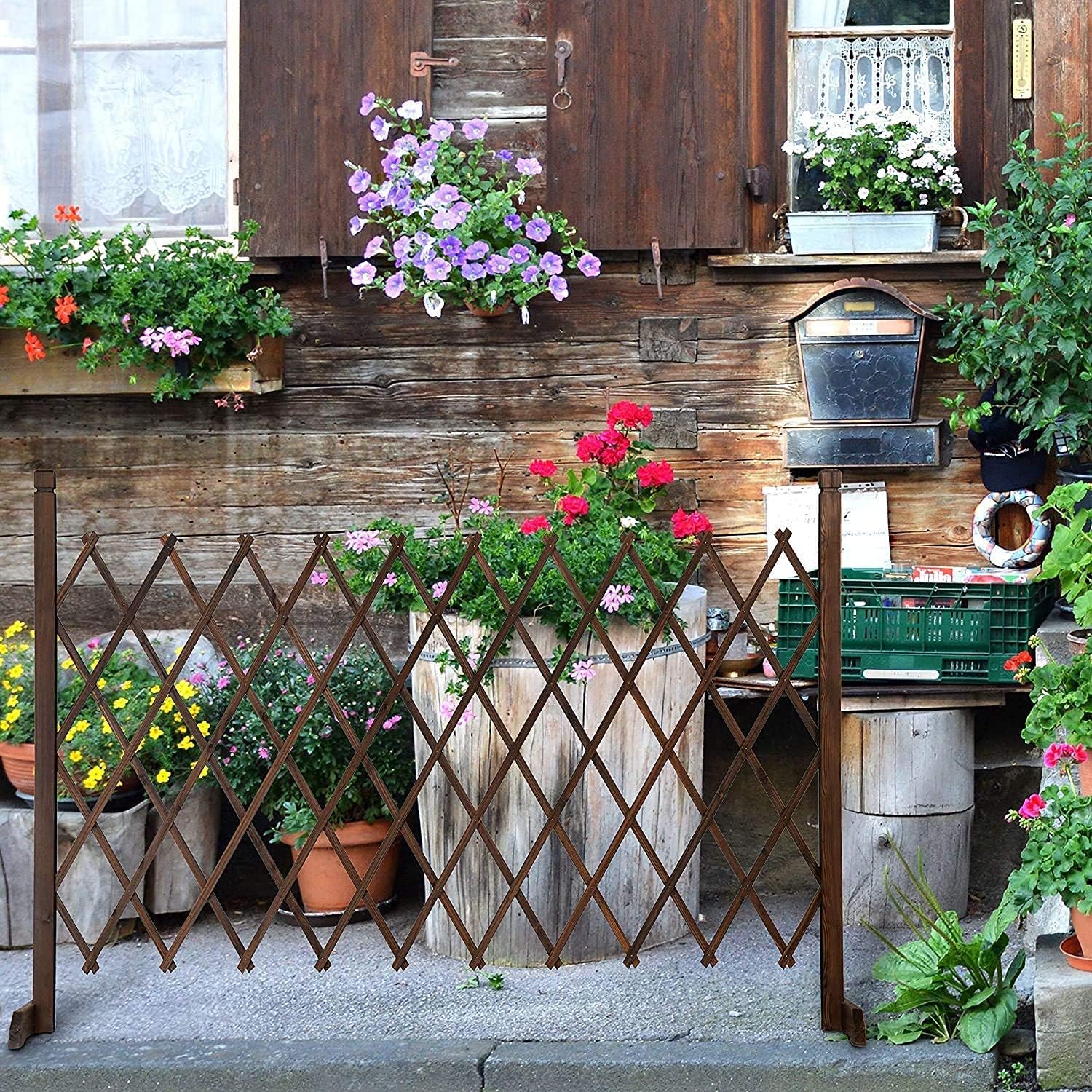 Decorative garden scene with flowers, plants, and a rustic wooden wall.