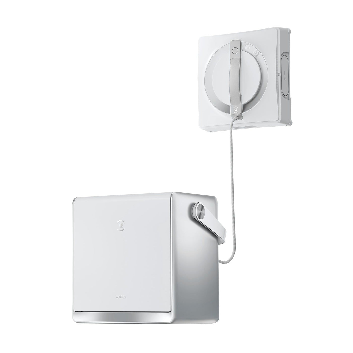 White wall-mounted electronic device with a cable on a white background