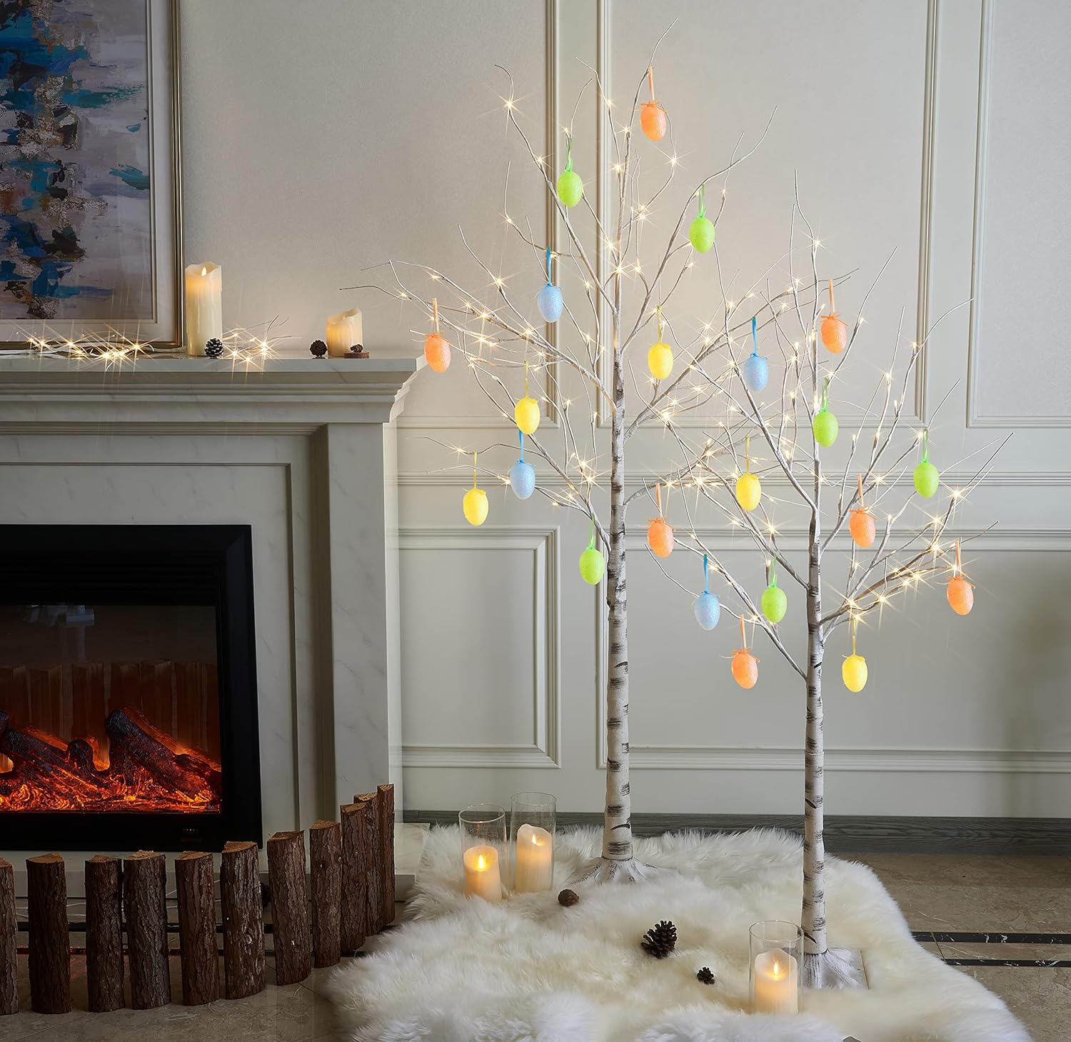 EAMBRITE 6FT White Christmas Twig Tree, Birch with Warm White LEDs, Timer