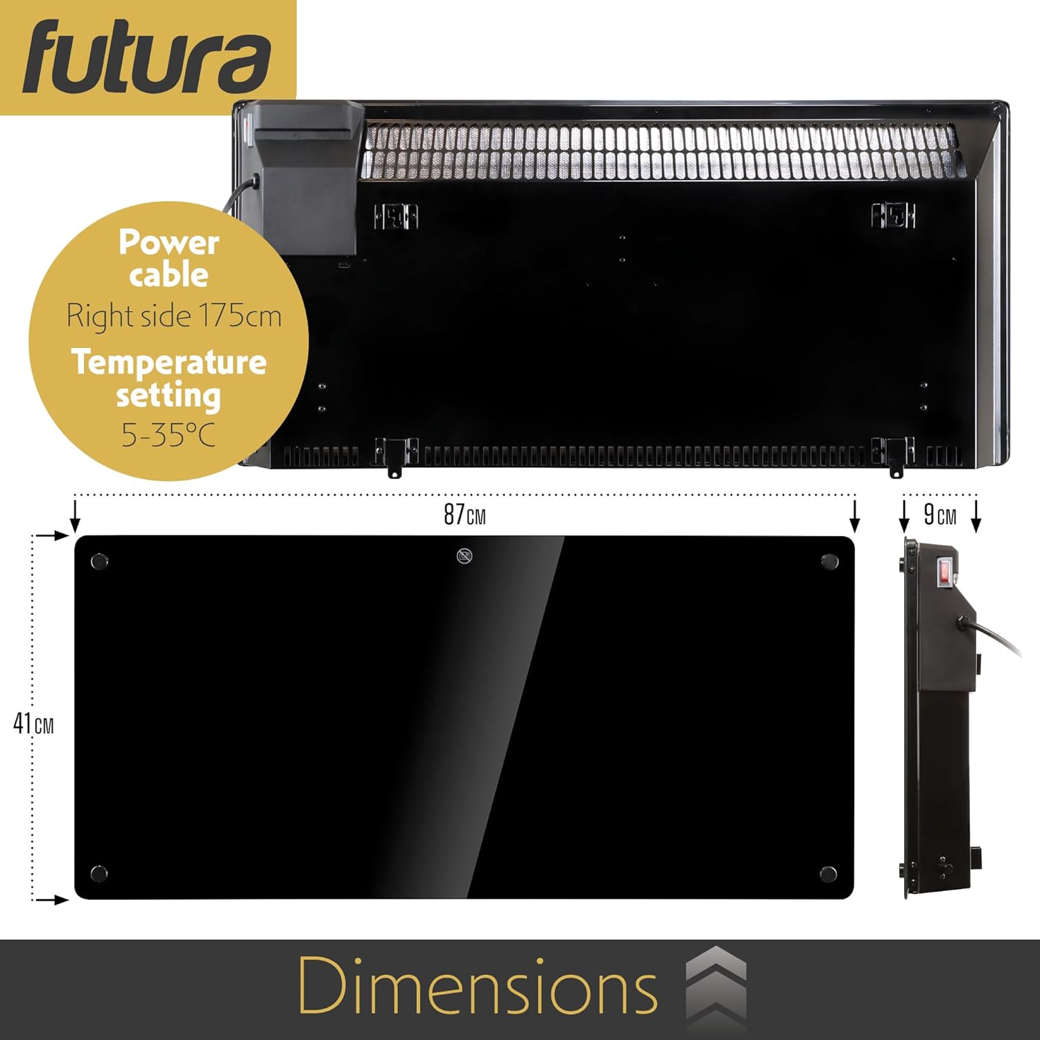 Black electronic device with dimensions and features labeled, featuring the brand 'futura'.