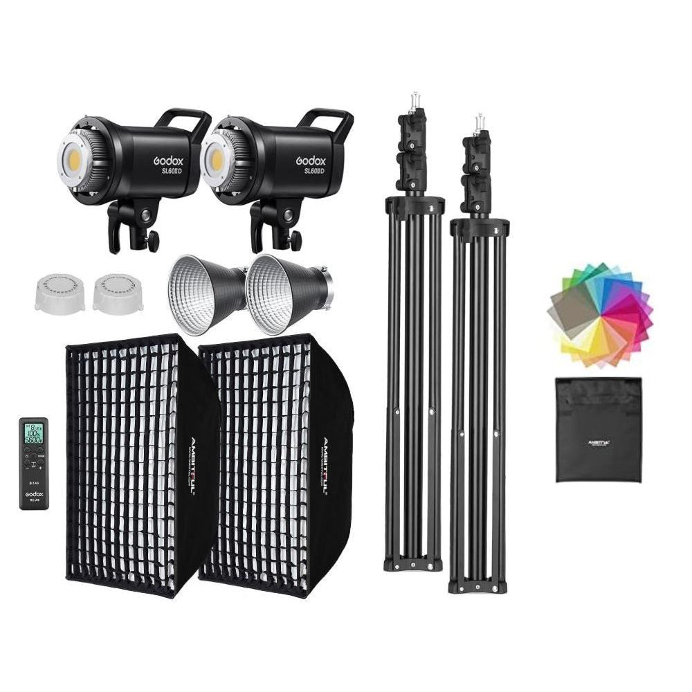 A Godox studio lighting kit arranged on a white background, including two Godox SL3000 flash units, two softboxes, two stands, two diffusers, a remote control, a color swatch fan, and a black carrying pouch.