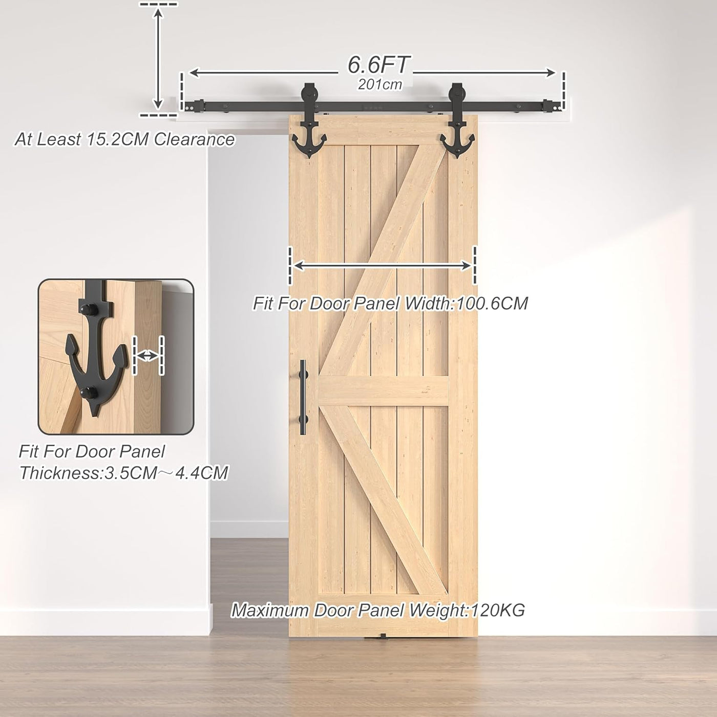 Wooden sliding barn door with hardware and measurements on a white background
