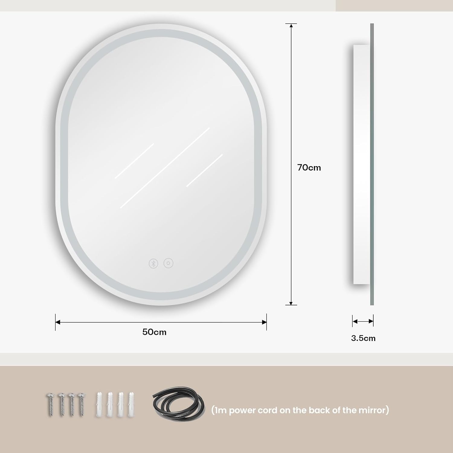 Bluetooth LED Bathroom Mirror Oval Backlit Dimmable Anti-fog 50 x 70 cm Dripex