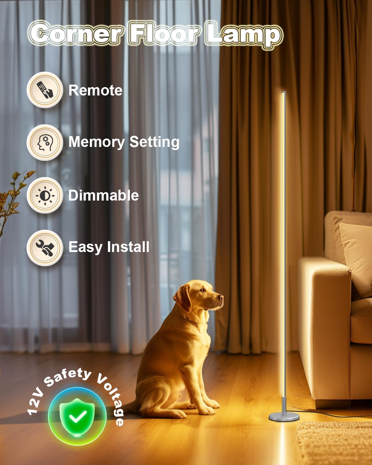 Corner floor lamp with a dog sitting next to it in a living room setting.