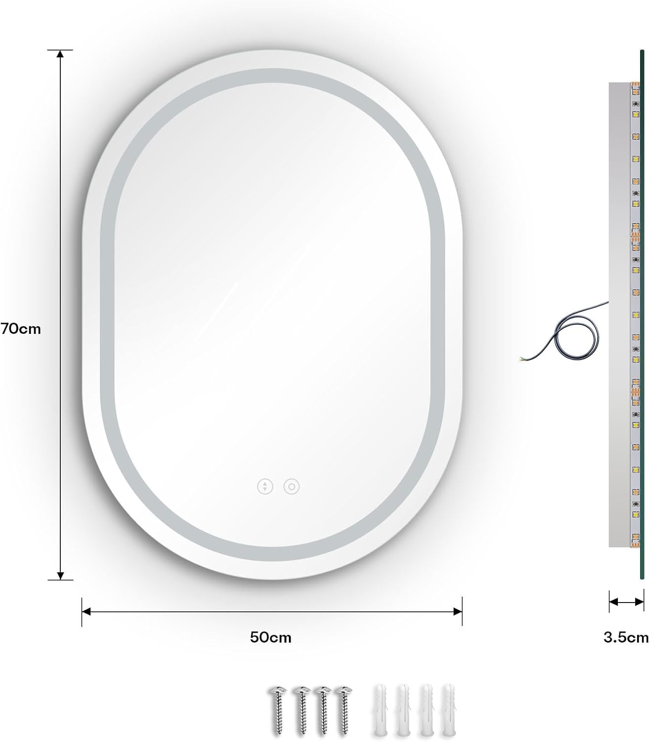 Oval LED Bathroom Mirror 50 x 70cm Backlit Dimmable Anti Fog Wall Mounted Dripex