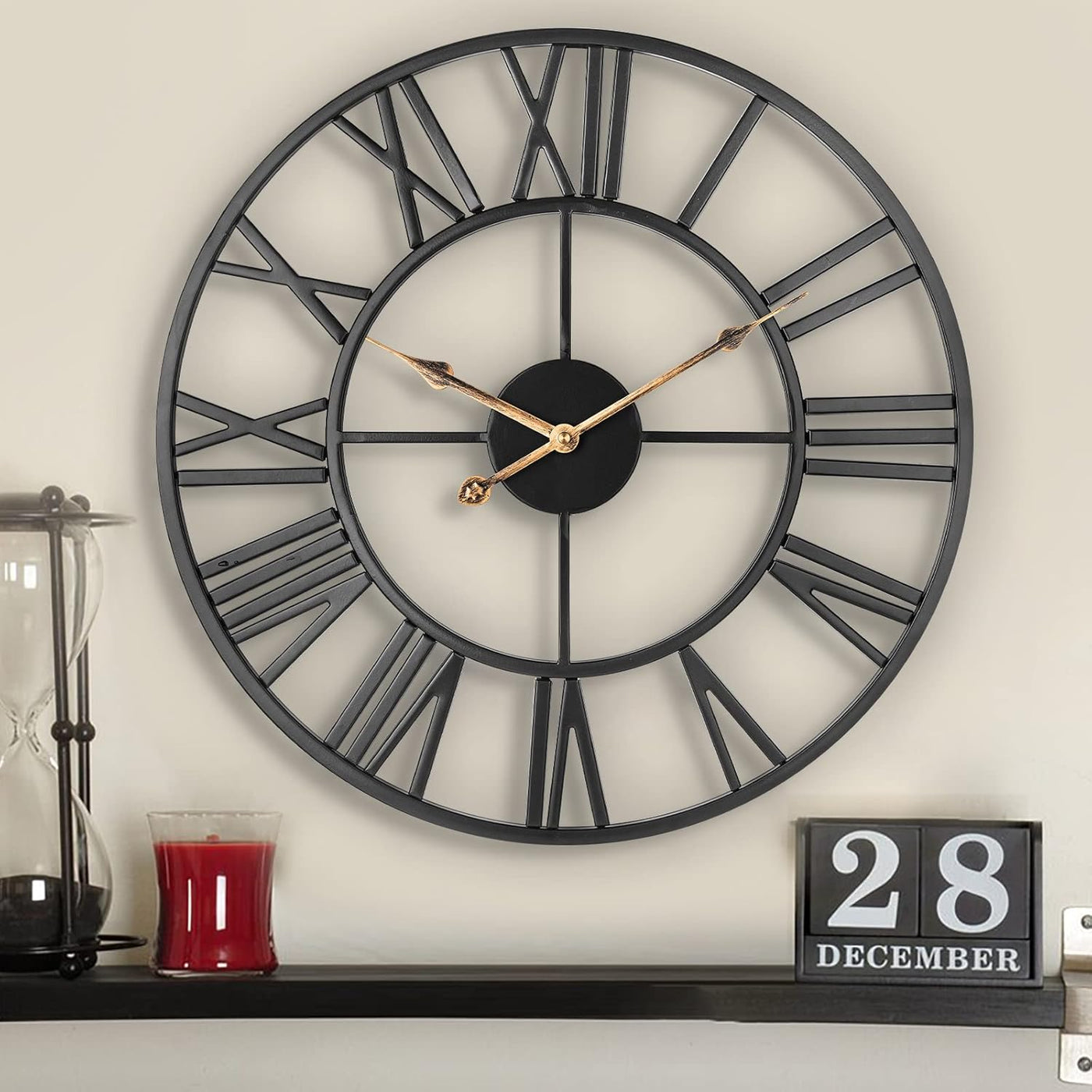 Silent Wall Clock Vintage Metal Skeleton Roman Numerals Farmhouse ARVINKEY