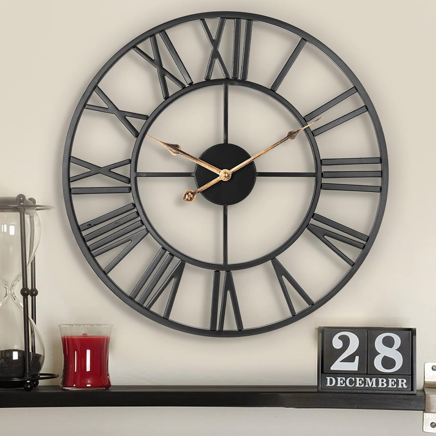 Silent Wall Clock Vintage Metal Skeleton Roman Numerals Farmhouse ARVINKEY