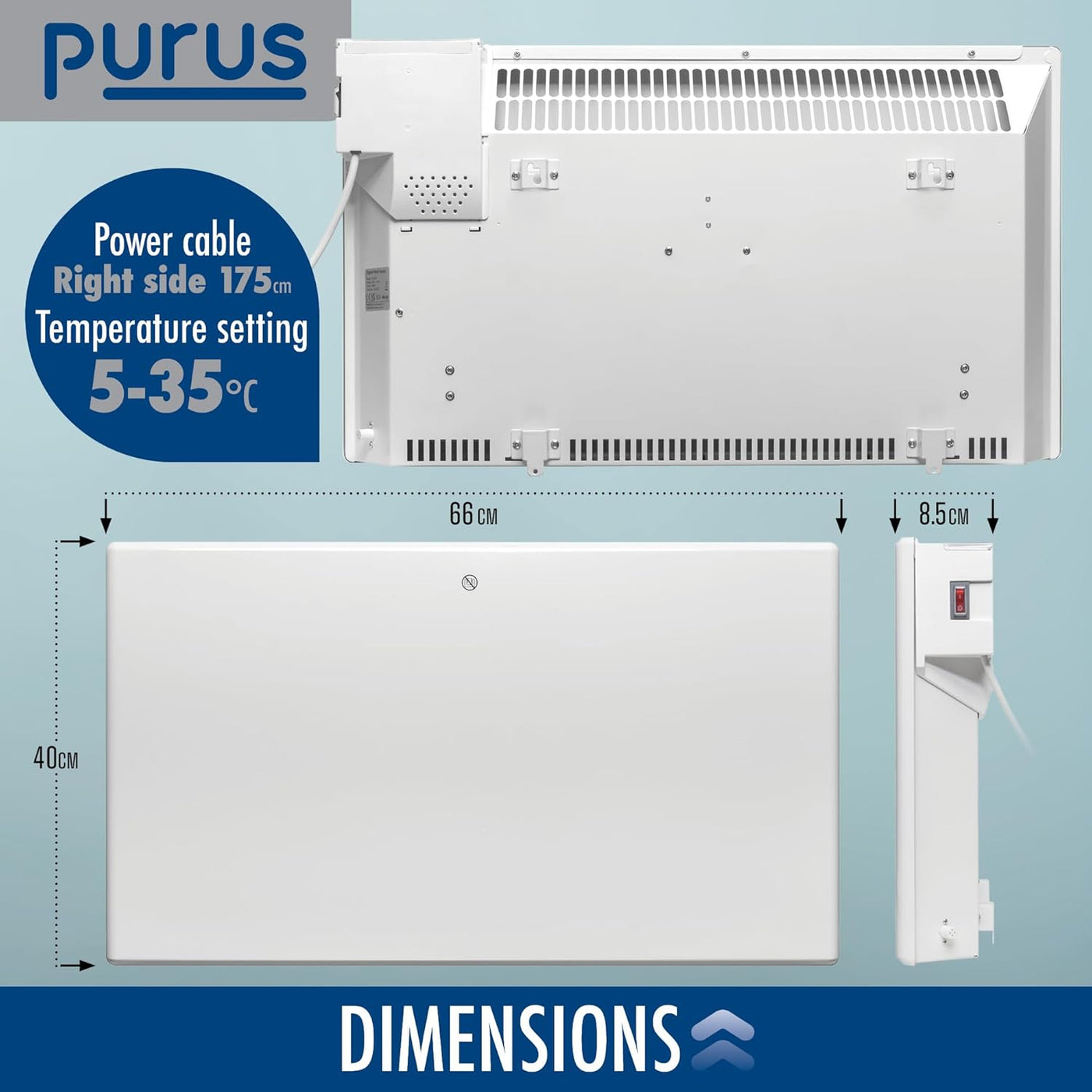 1200W White Electric Radiator Heater with Thermostat Wall Mounted Purus