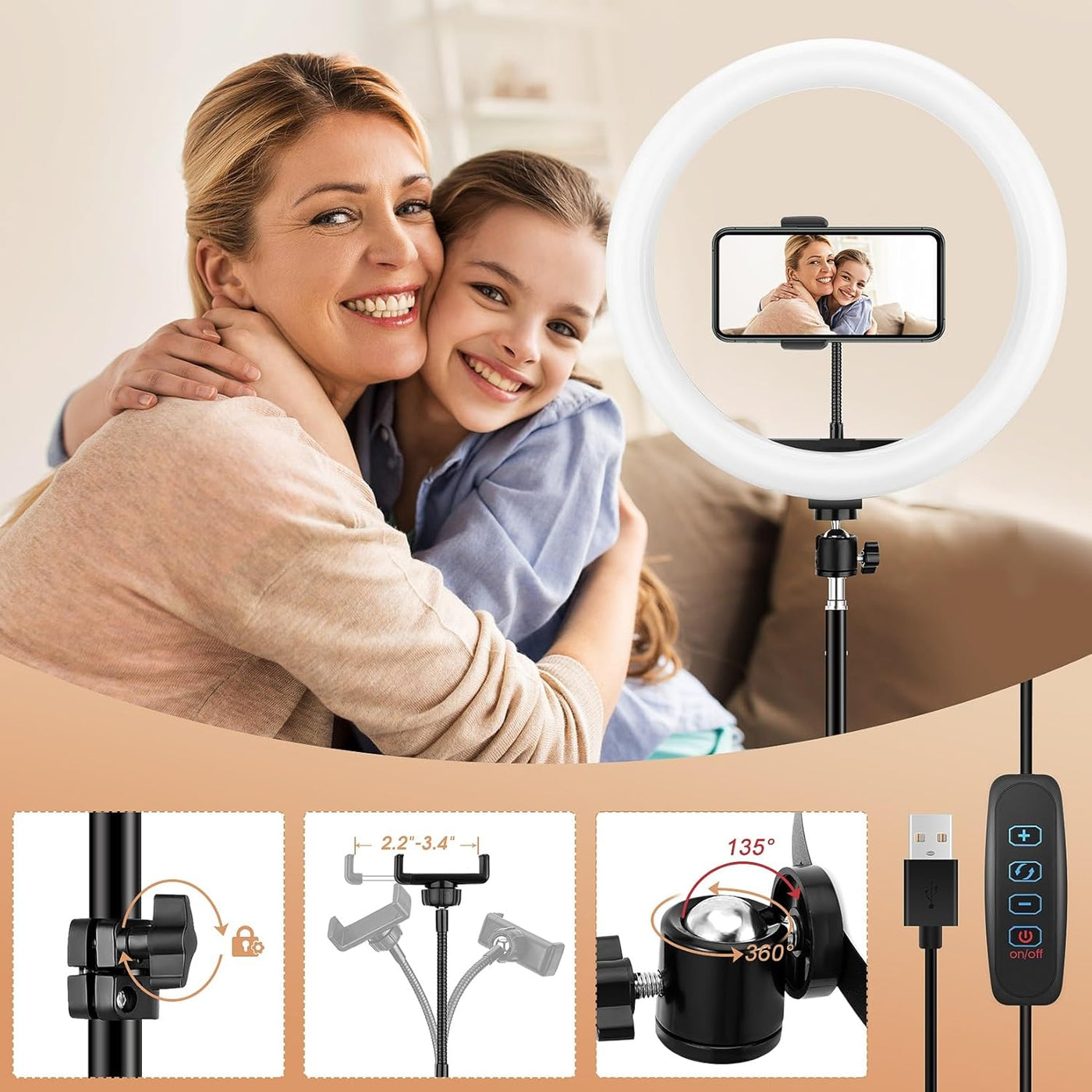 LIPETY 13'' Selfie Ring Light with Tripod, Phone Holder, 3-Color Dimmable LED