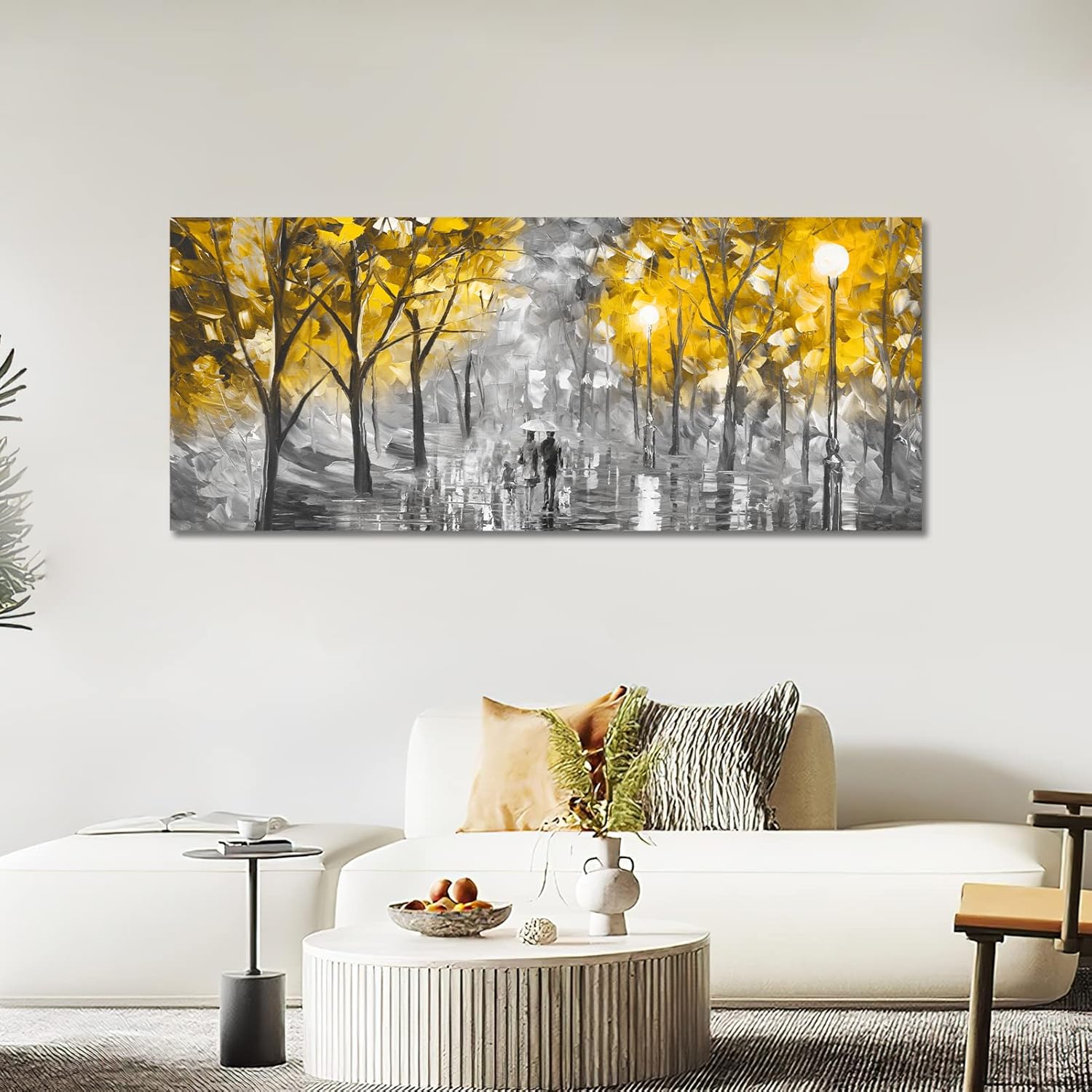 Living room with a large abstract painting of a park scene on the wall.
