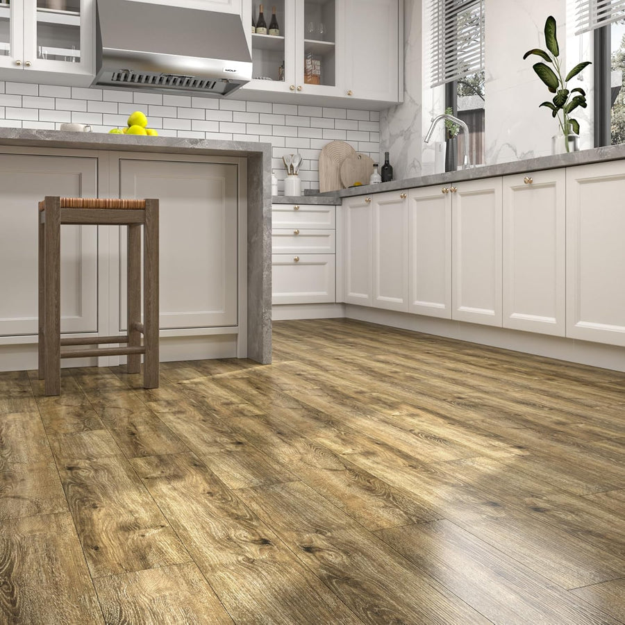 Kitchen with wooden flooring and white cabinetry