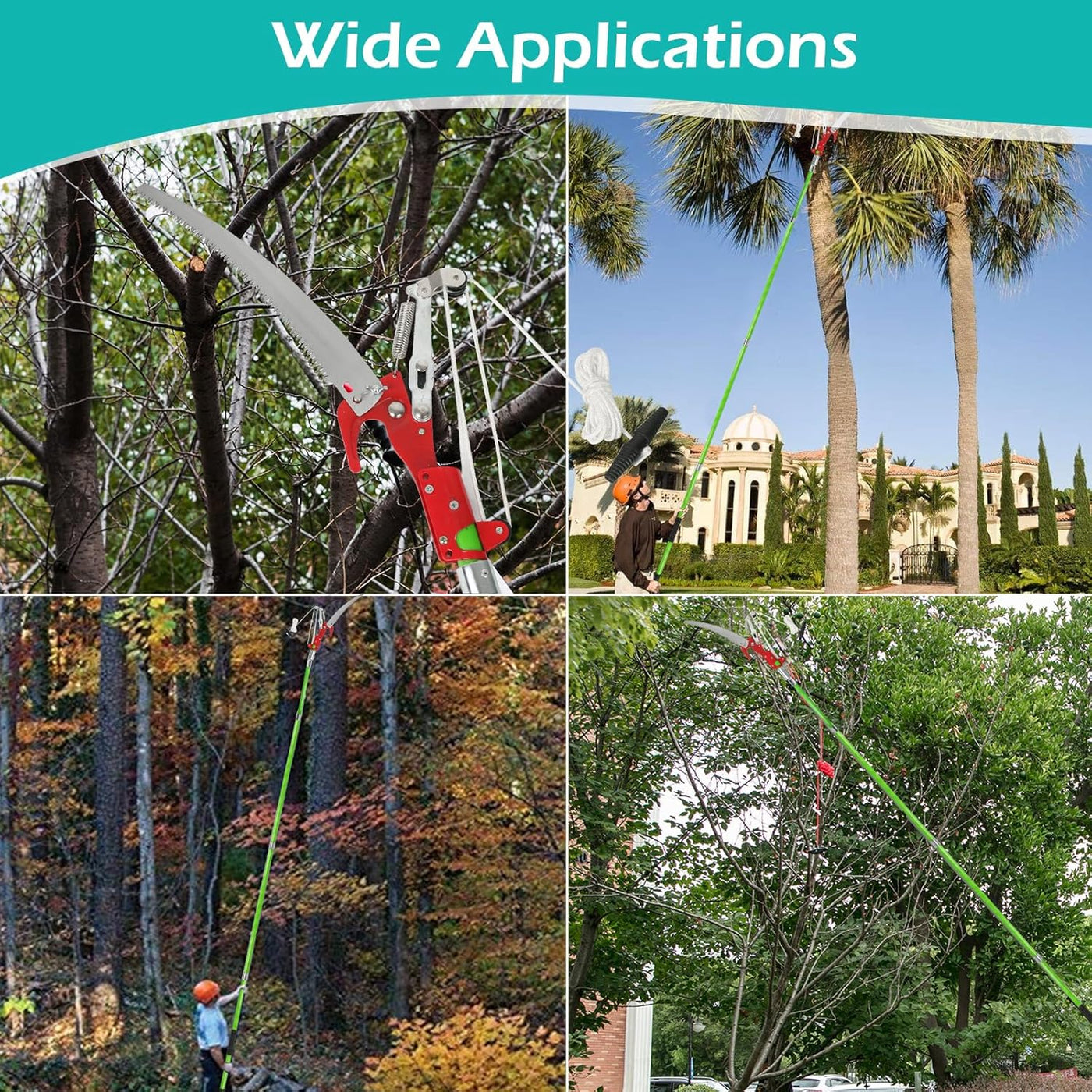 Collage of tree trimming tools in various outdoor settings with a focus on wide applications.