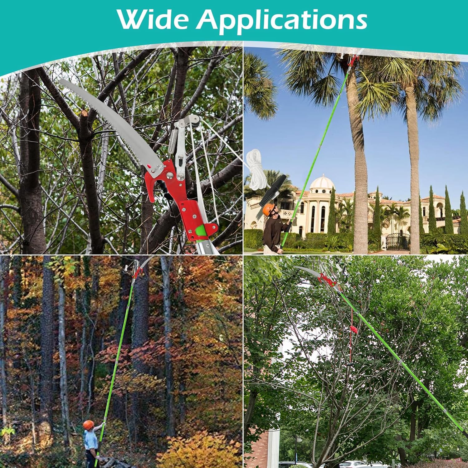 Collage of tree trimming tools in various outdoor settings with a focus on wide applications.