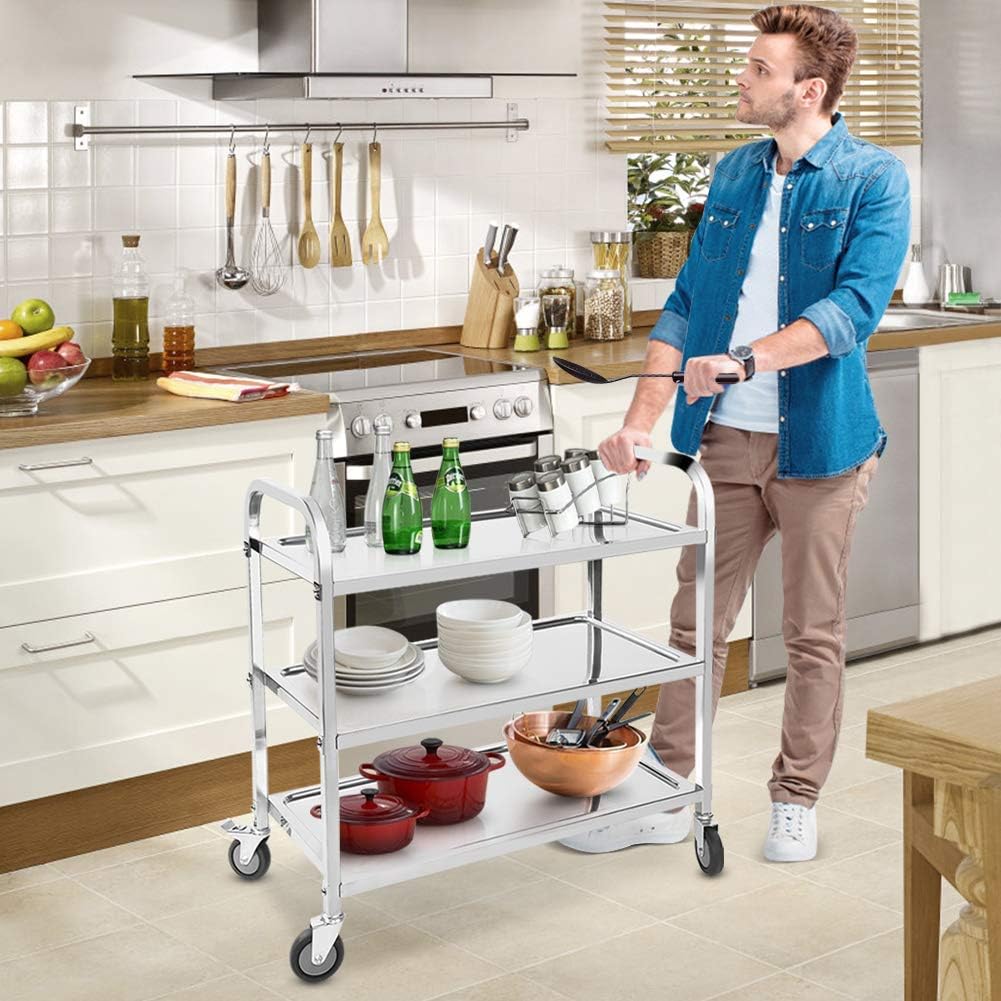 3 Tier Catering Trolley Stainless Steel with Locking Wheels 75x40x83cm Nisorpa