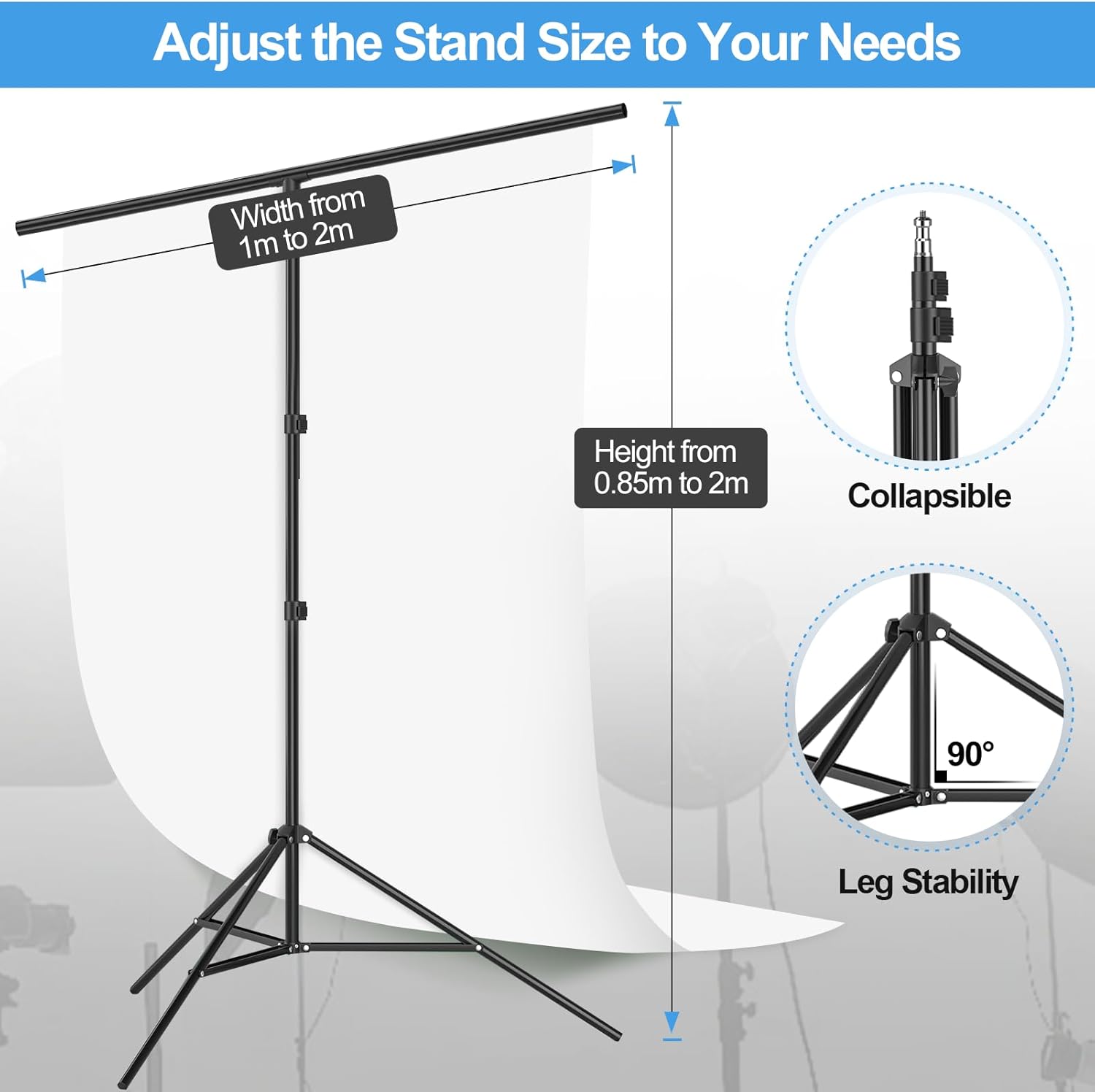 White Backdrop 1.5x2m with Adjustable 2x2m Frame Stand Kit for Studio EMART