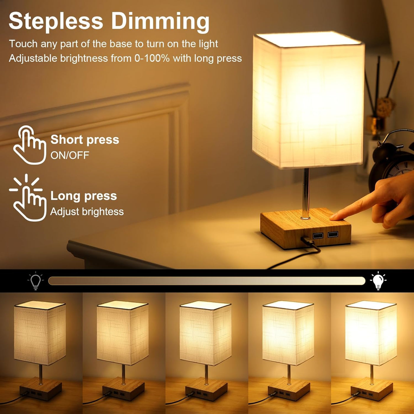 Table lamp with stepless dimming feature on a desk, showing adjustable brightness levels.