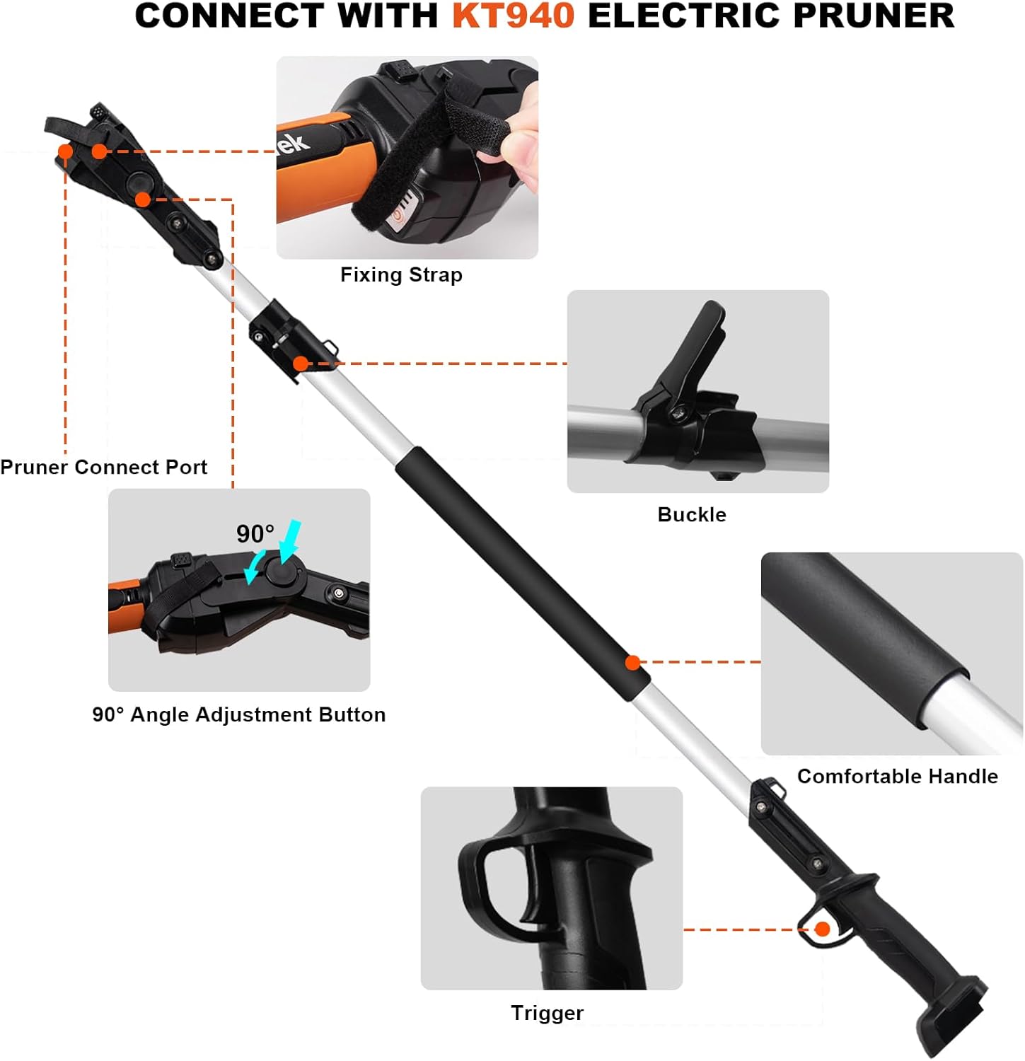 KT940 electric pruner with detailed parts on a white background