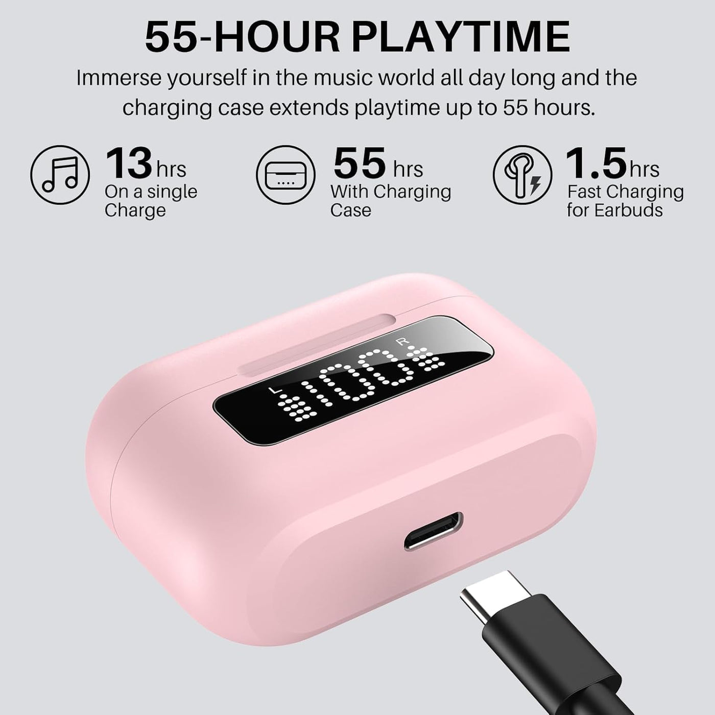 Pink wireless earbud charging case with charging cable on a light gray background