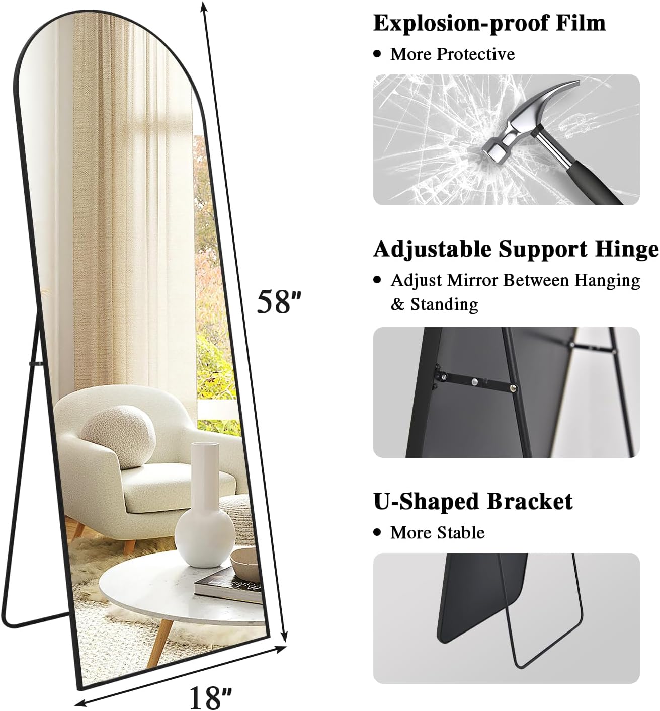 Full-length mirror with features highlighted, including explosion-proof film, adjustable support hinges, and U-shaped bracket.