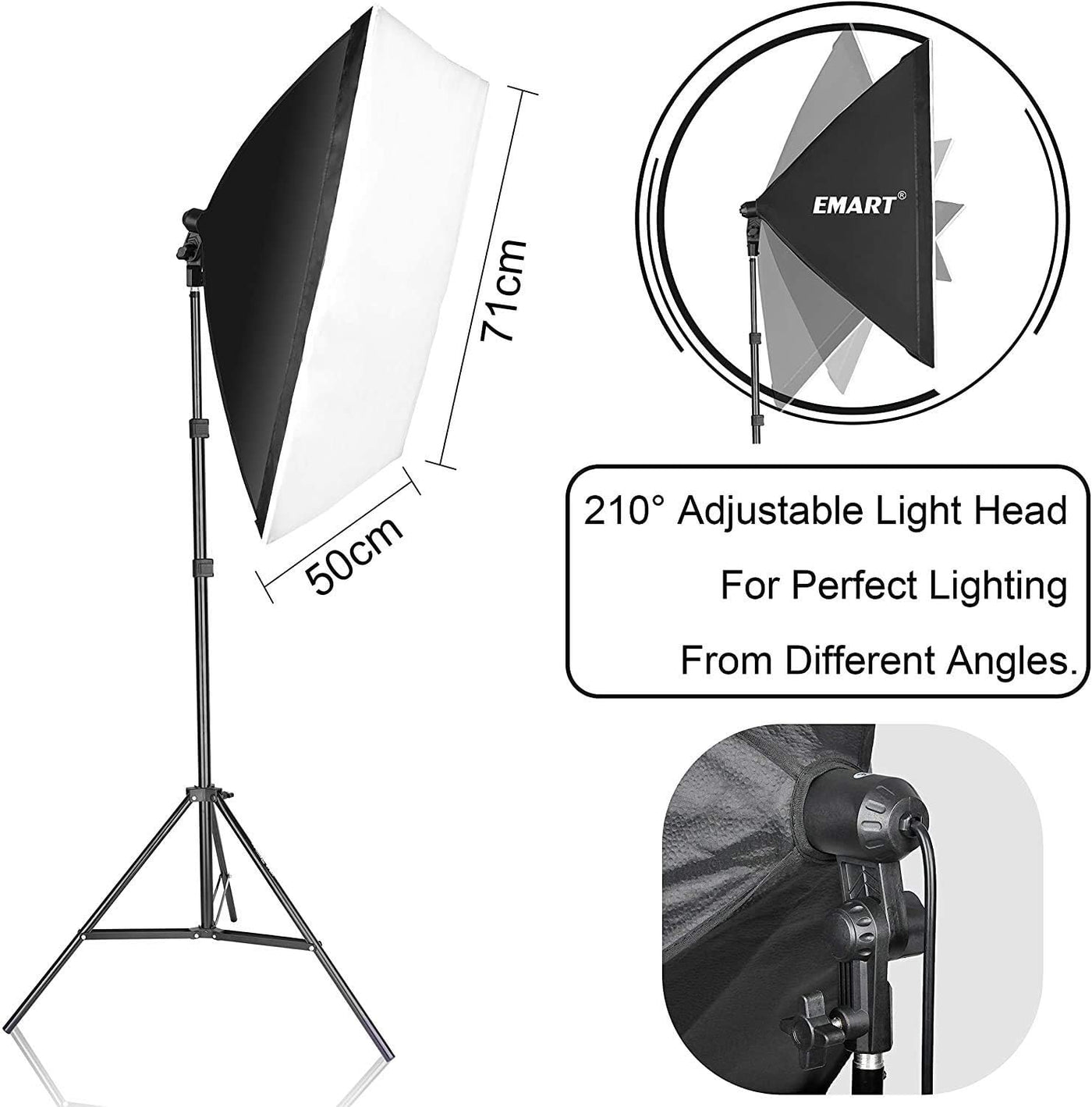 Photography studio light setup with softbox, stand, and adjustable light head on a white background.