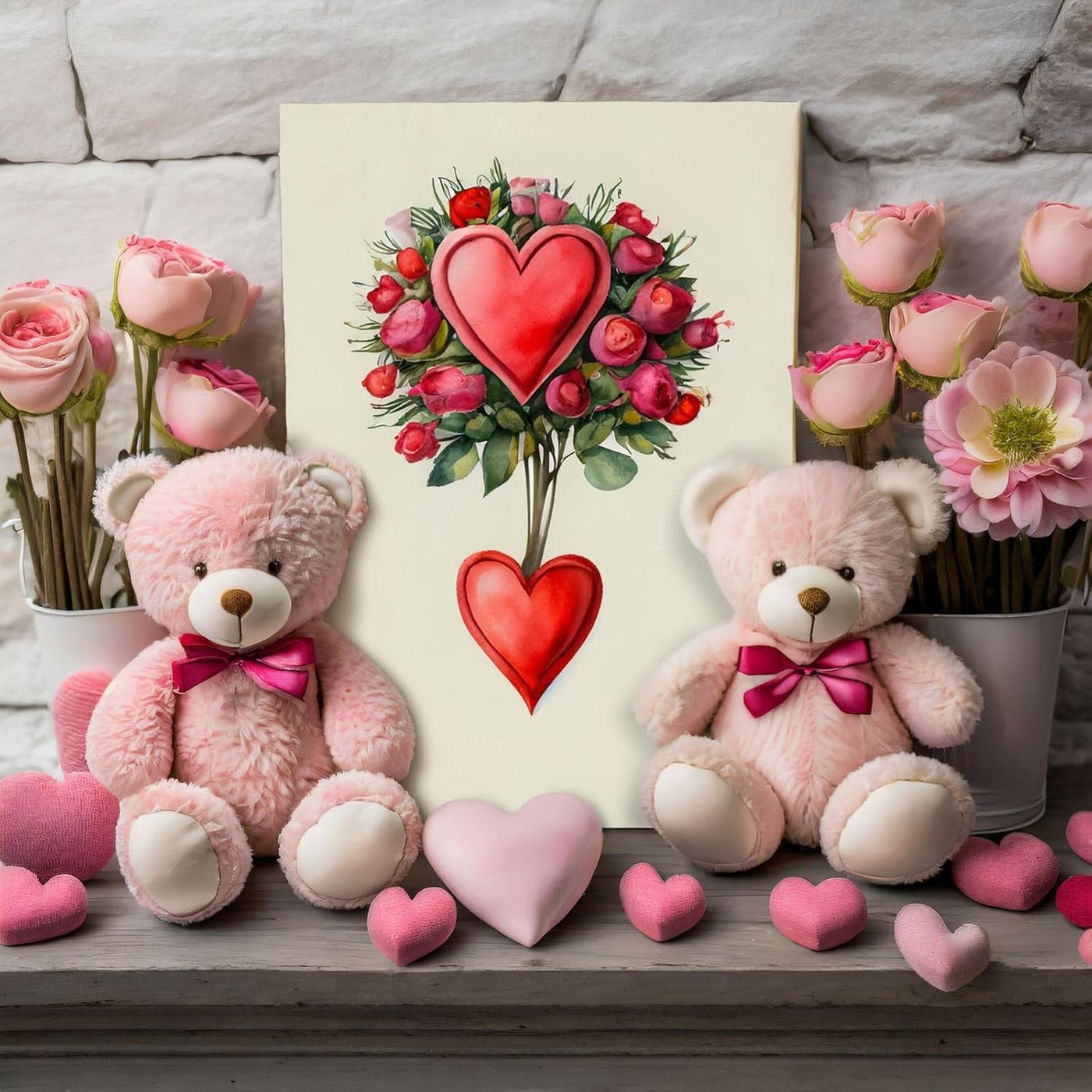 Two pink teddy bears with a heart-shaped flower bouquet on a wooden surface.
