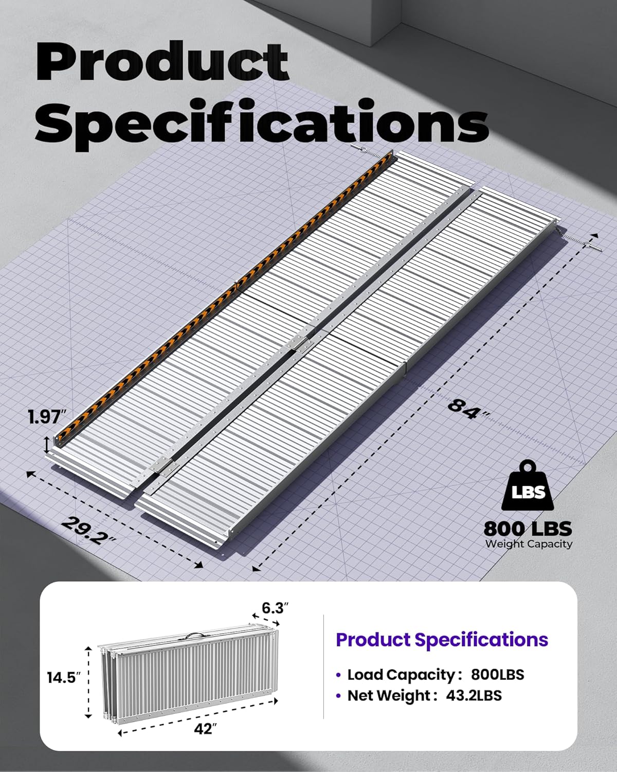 Product specifications of a metal shelf with dimensions and weight capacity on a grid background