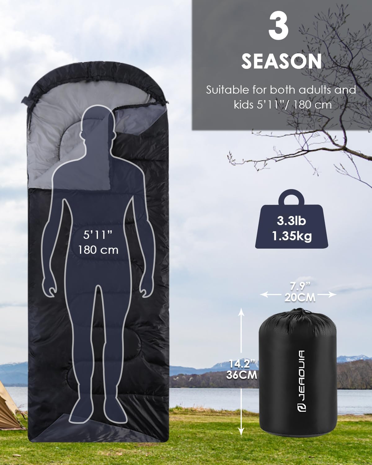 Sleeping bag with dimensions, weight, and brand information displayed outdoors.