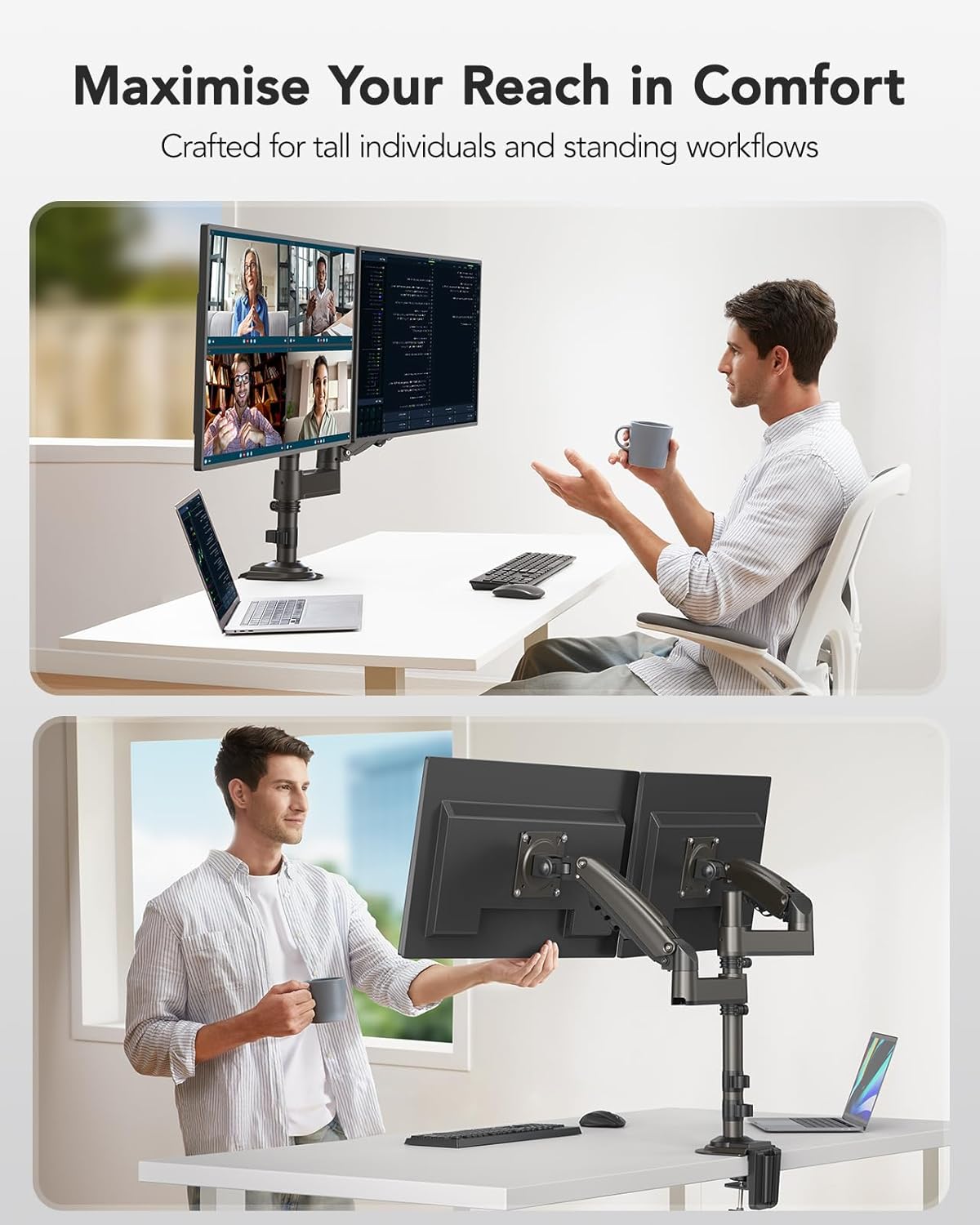 HUANUO Taller Dual Monitor Stand For 13–32" Screens, Long Arms, VESA 75/100mm