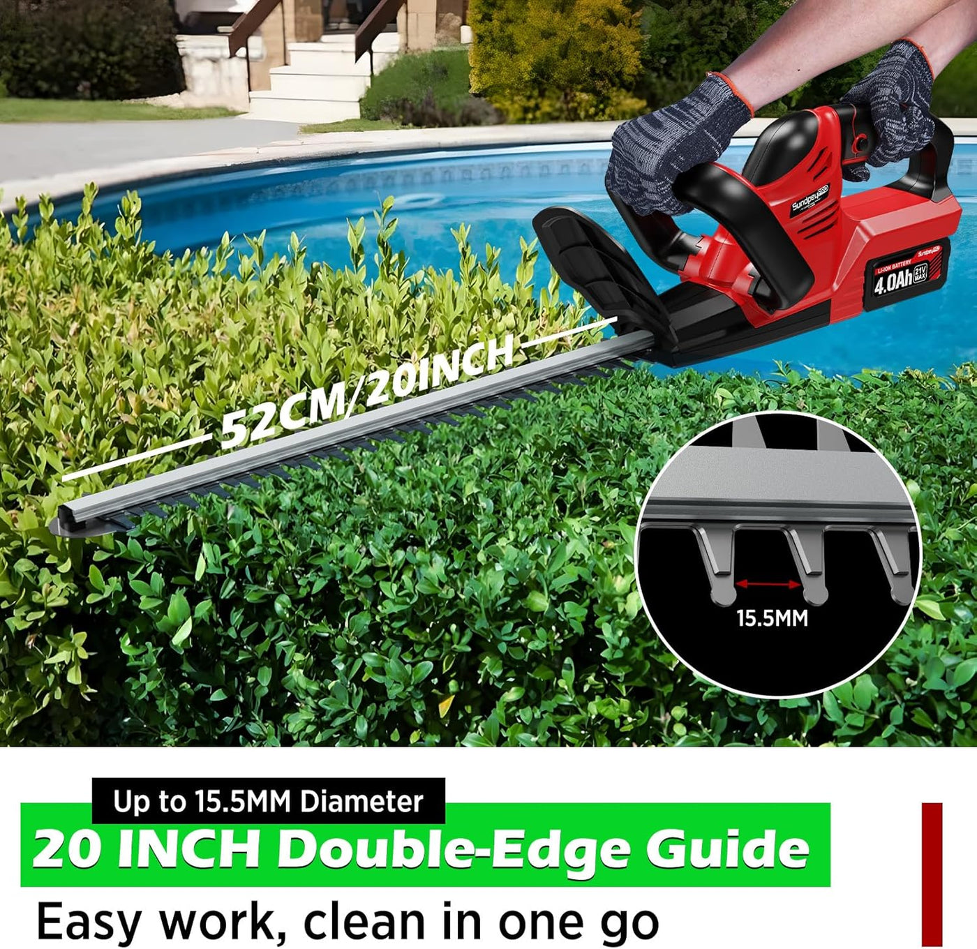 Electric hedge trimmer being used to trim hedges with a pool in the background