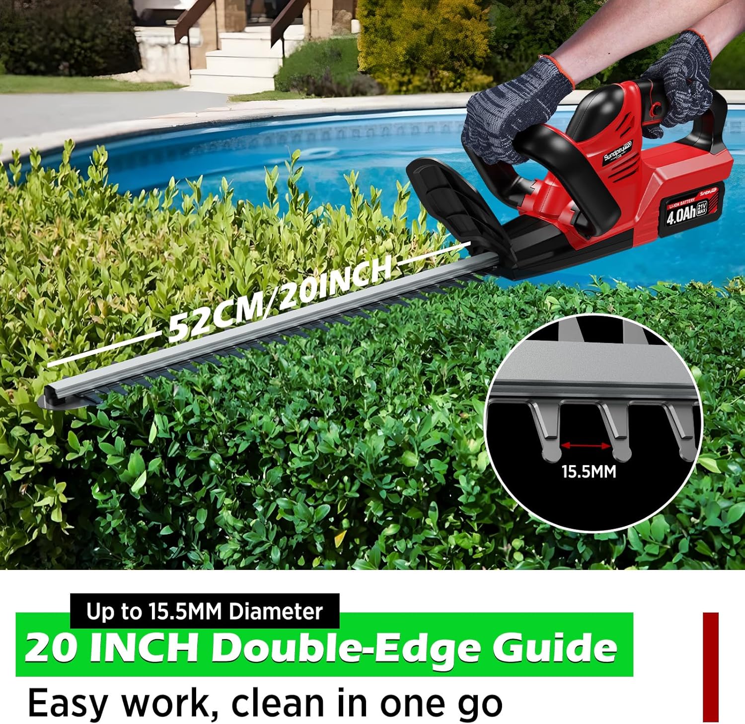 Electric hedge trimmer being used to trim hedges with a pool in the background