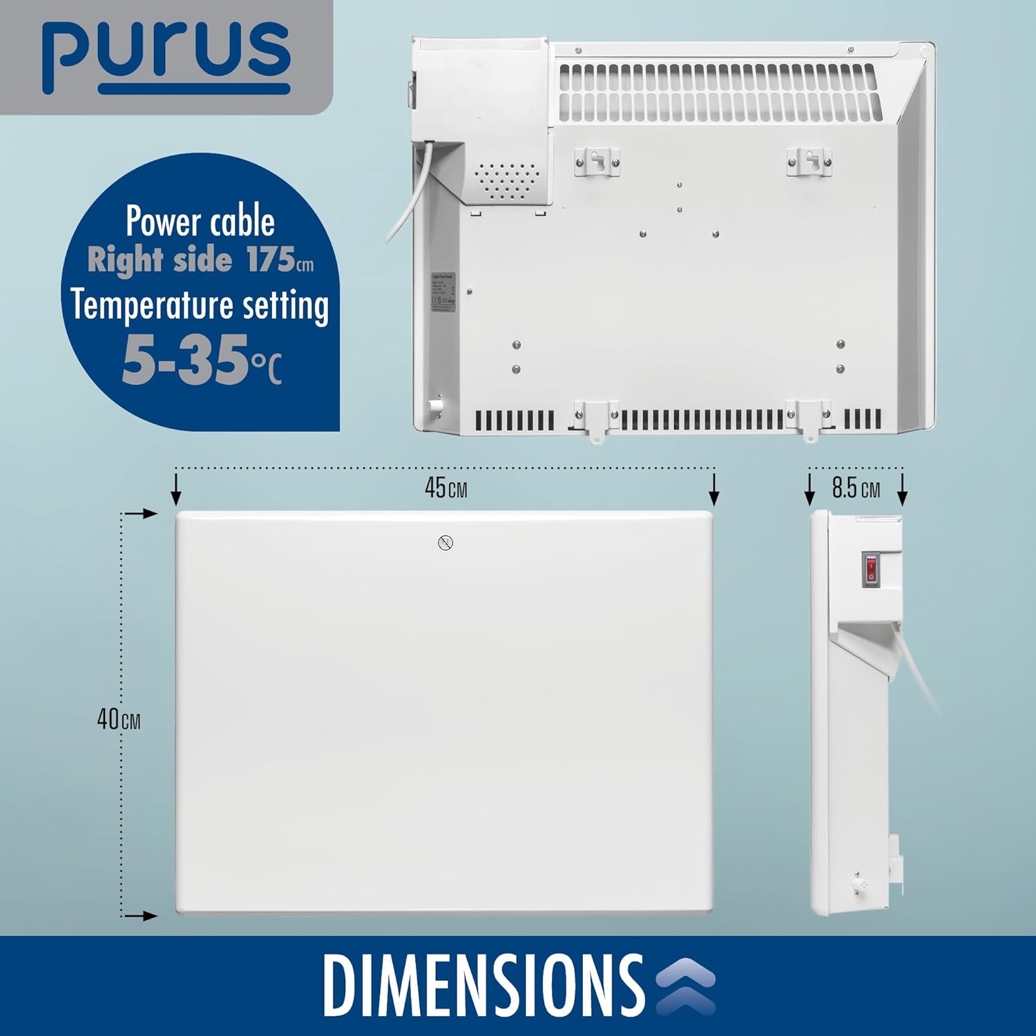 600W White Electric Radiator Heater with Thermostat Wall Mounted Purus