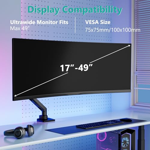 WALI Single Monitor Arm for 17 to 49 Inch Heavy Duty Curved Screens, Ultrawide Monitor Arm, Holds up to 20 kg, Adjustable Monitor Desk Mount with VESA 75 & 100mm Black
