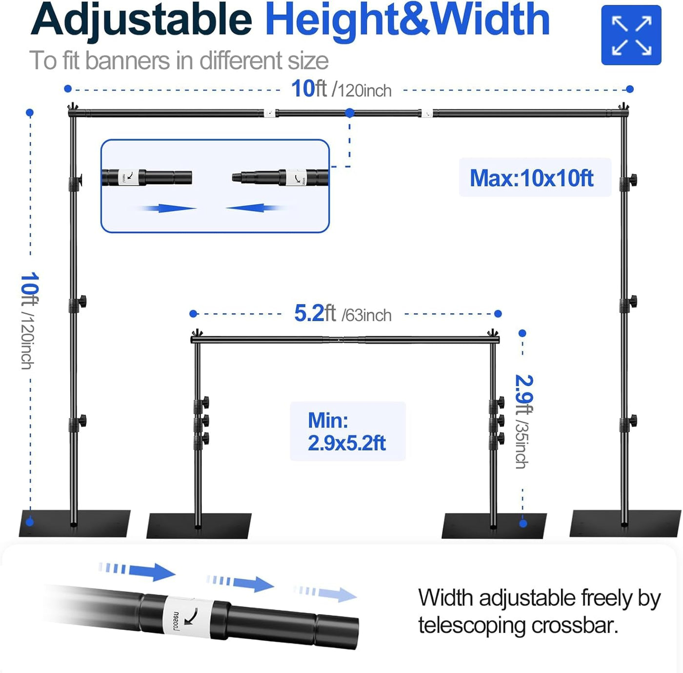 EMART 10x10ft Heavy Duty Black Backdrop Stand, Adjustable Support Kit